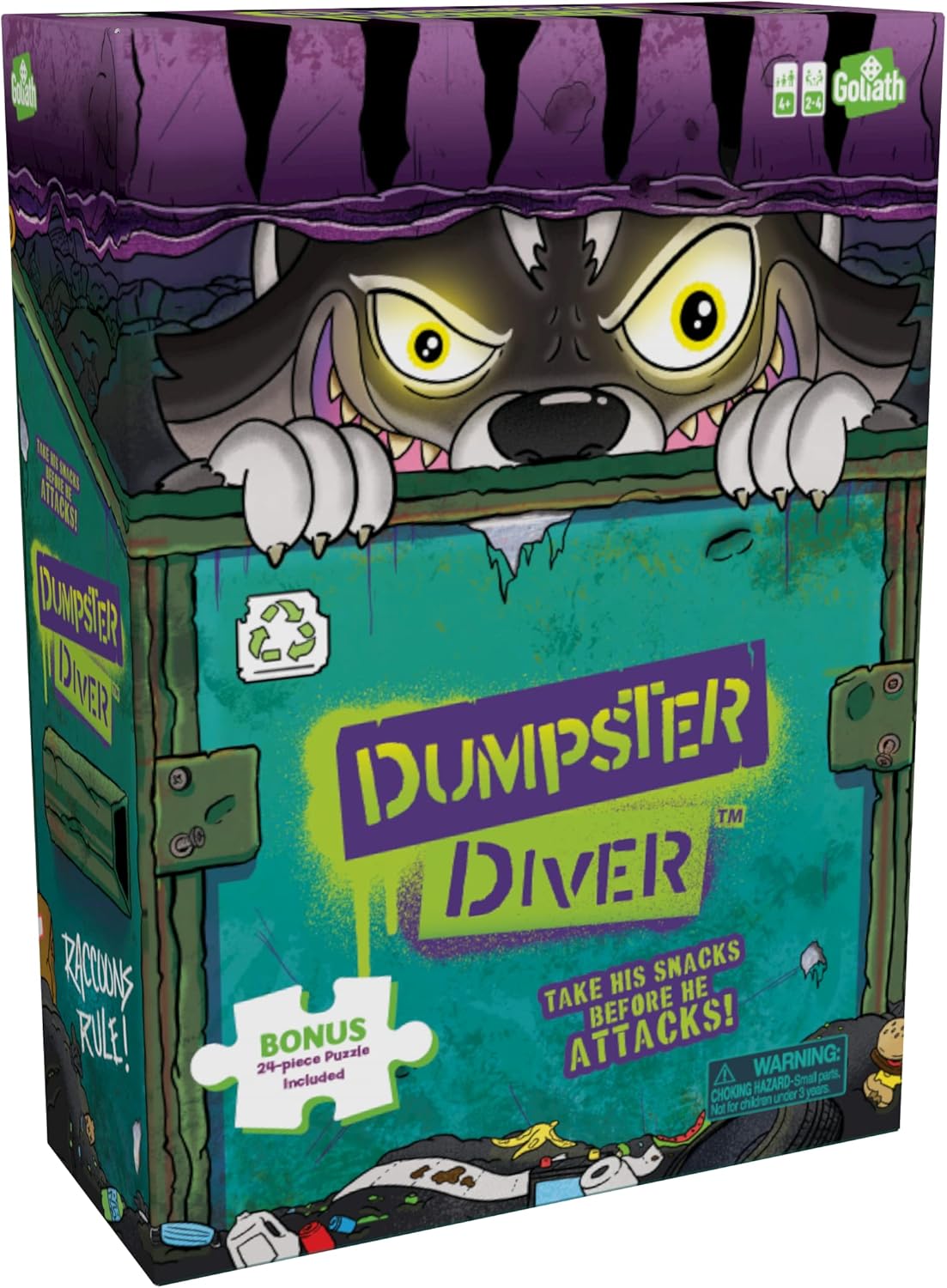 Goliath Dumpster Diver Game w/ 24pc Puzzle - Take Raccoon's Snacks Before His Paw Jumps Out to Defend His Goodies - Includes 24-Piece Puzzle