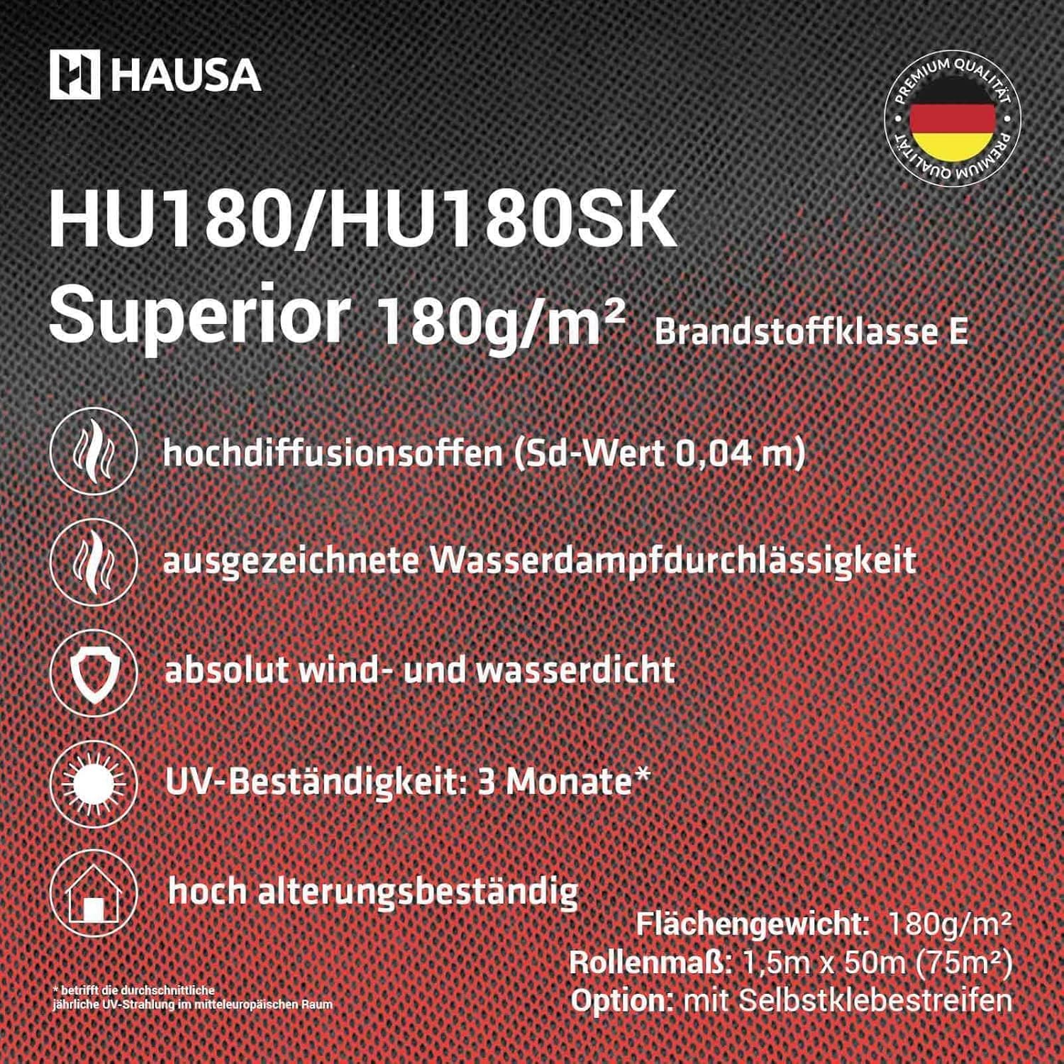 HAUSA HU180 Unterspannbahn Dachfolie 180g/m² 75m² 1,5mx50m hochdiffusionsoffen wasserdicht reißfest