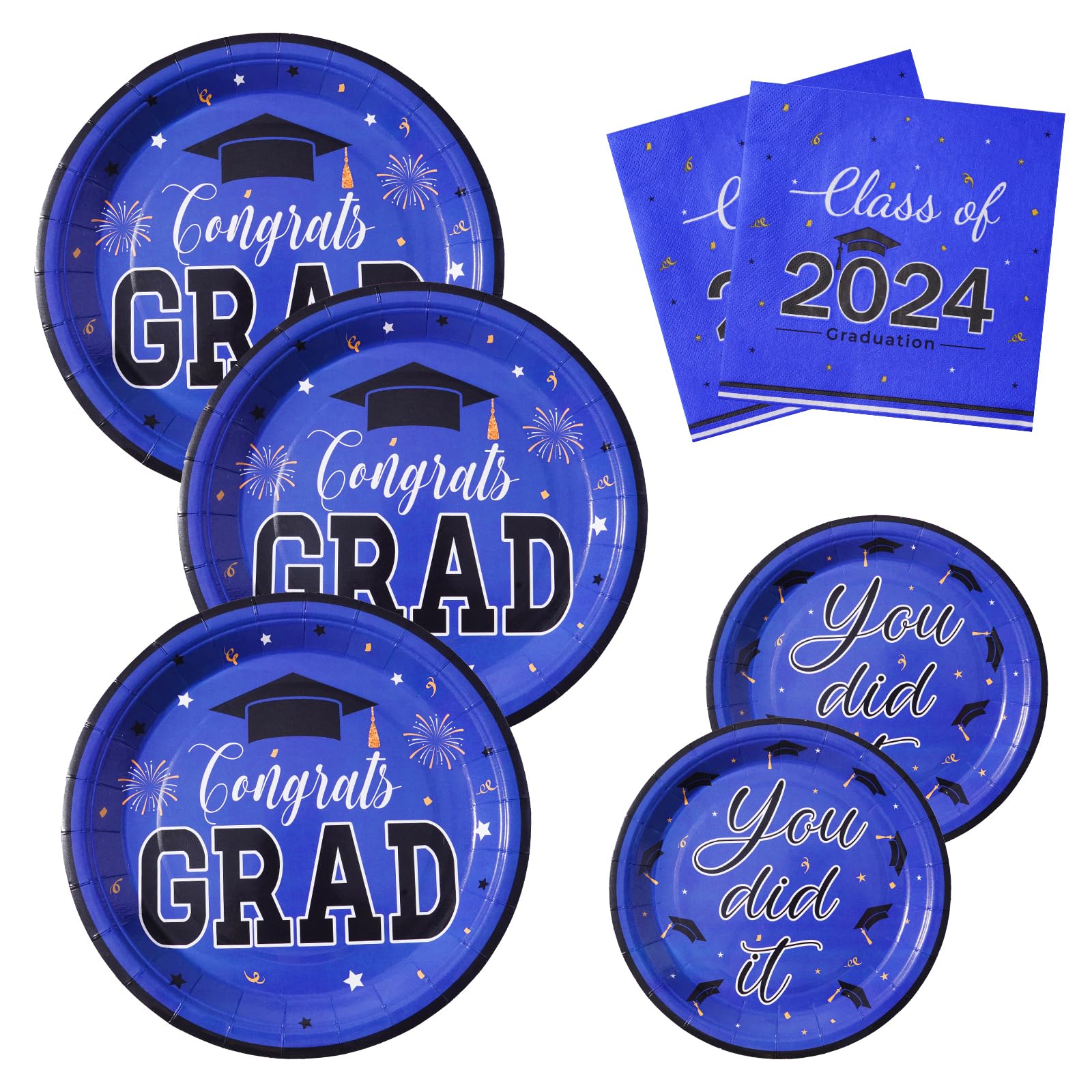 HOMIXGraduation Plates and Napkins Class of 2024, Serves 50 Blue and Black Graduation Party Supplies Disposable Paper Dinnerware Sets