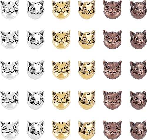 PH PandaHall 120 cuentas espaciadoras para gatos de 3 colores, cuentas sueltas de gatito tibetano con cabeza de animal para pendientes, pulseras,