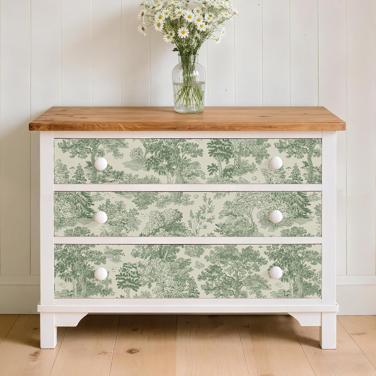 VEELIKE Green Toile Peel and Stick Wallpaper Vintage Landscape Forest Wallpaper for Bedroom Living Room 17.7''x354'' Green Chinoiserie Wall Paper Peel and Stick Toile Contact Paper for Cabinets Walls