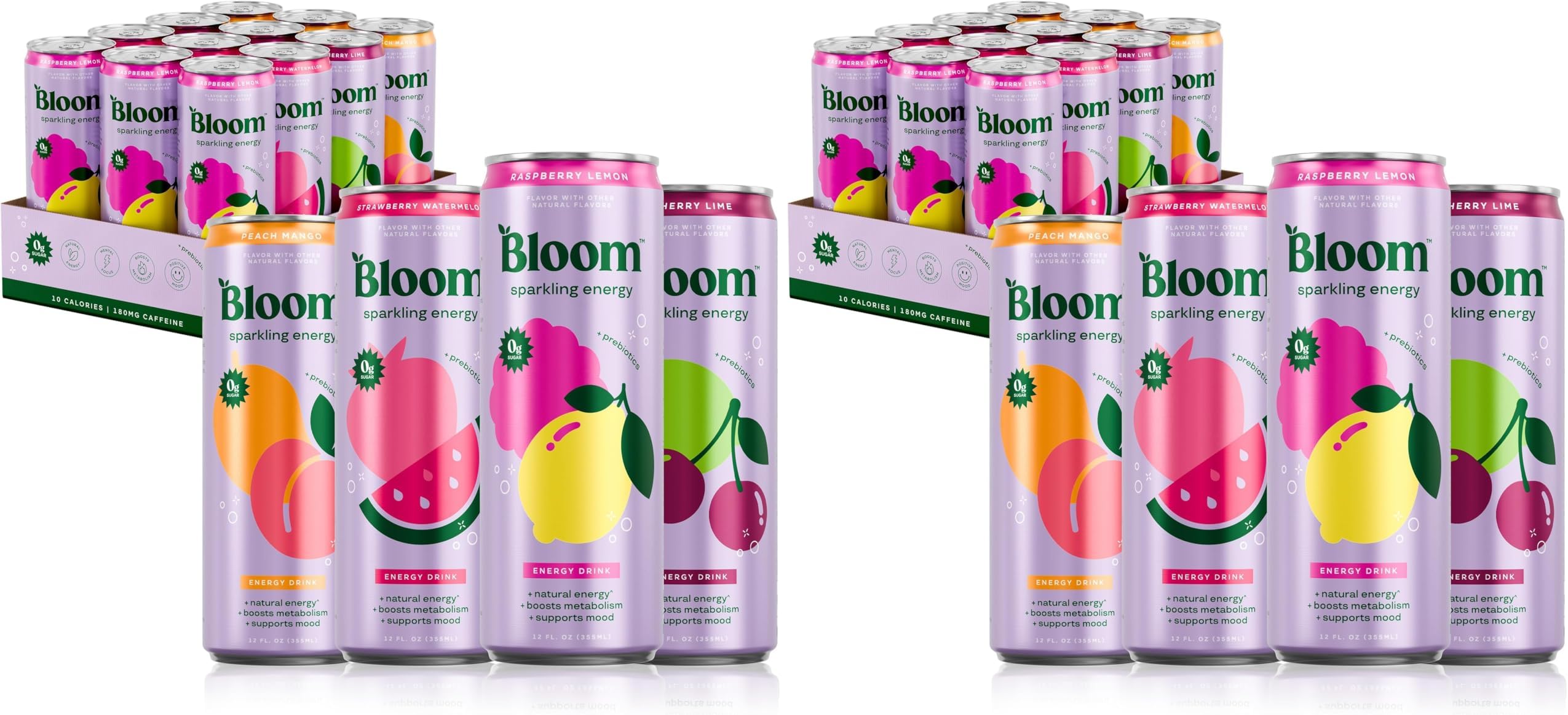 Bloom Nutrition Sparkling Energy Drink, Variety Pack | Zero Sugar | 180mg Caffeine | Antioxidant-Rich | 24 Pack