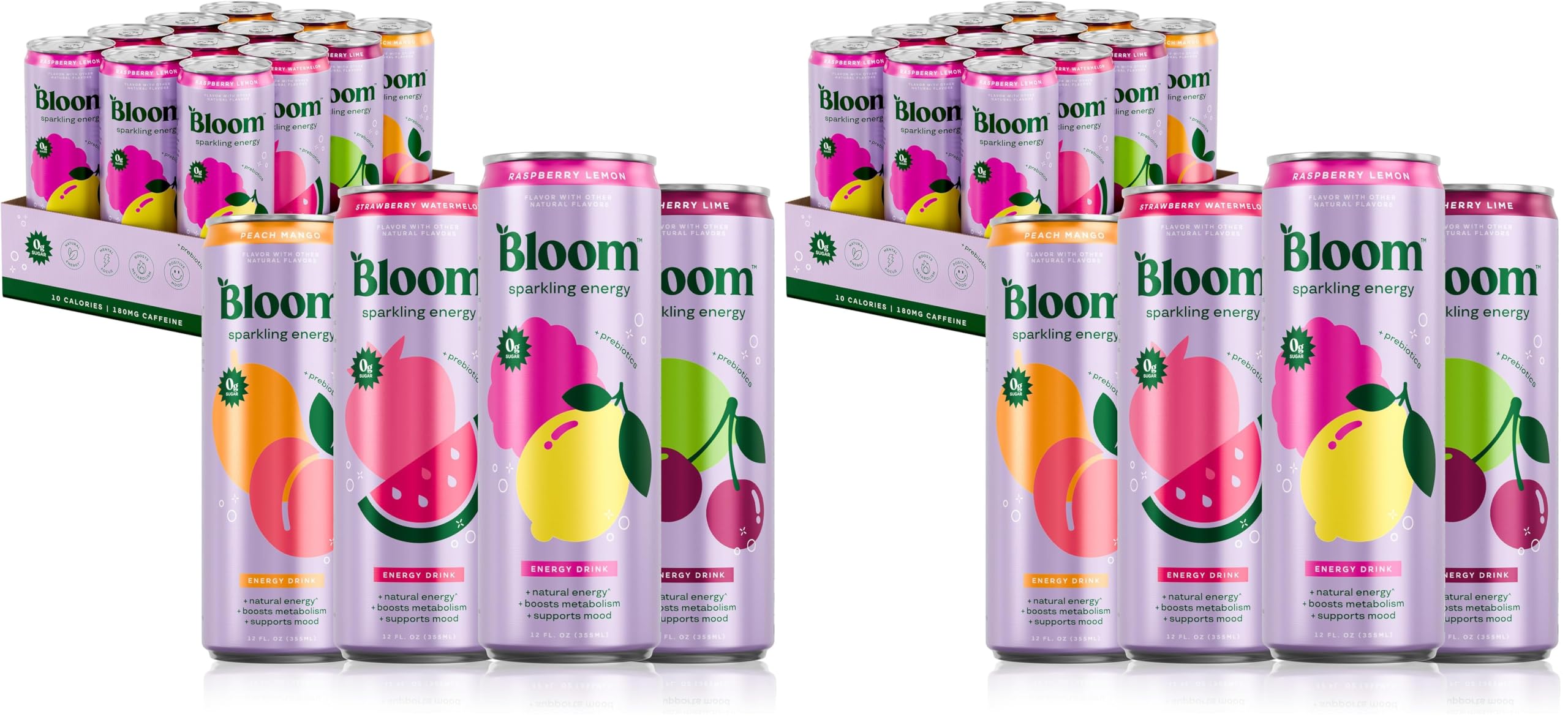 Bloom Nutrition Sparkling Energy Drink, Variety Pack | Zero Sugar | 180mg Caffeine | Antioxidant-Rich | 24 Pack