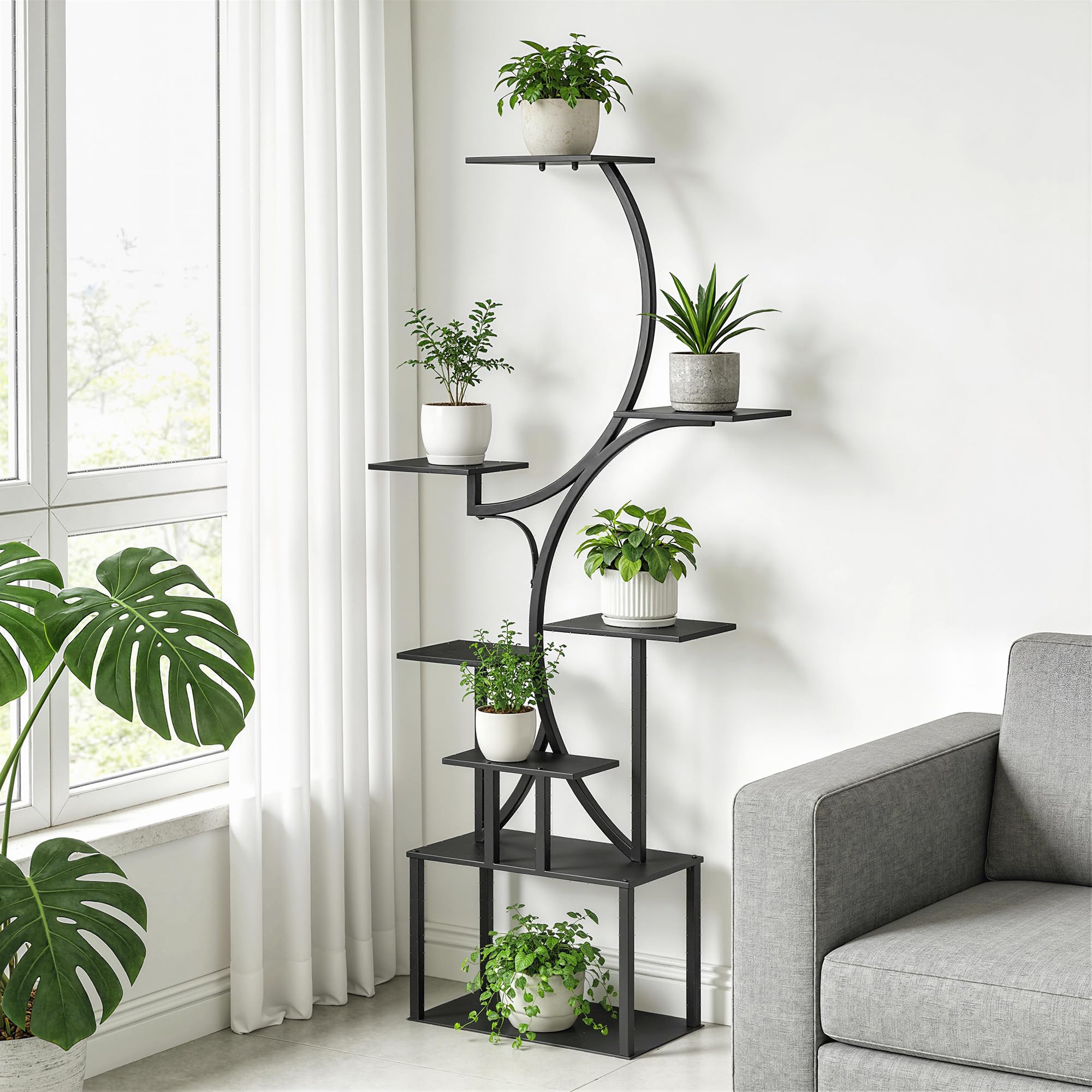 Outsunny Étagère à Fleurs en Métal à 8 Niveaux, Étagère à Plantes en Forme de S 158,5 cm, Support de Plantes, Intérieur et Extérieur, pour Jardin, Balcon, Terrasse ou Coin du Salon, Noir
