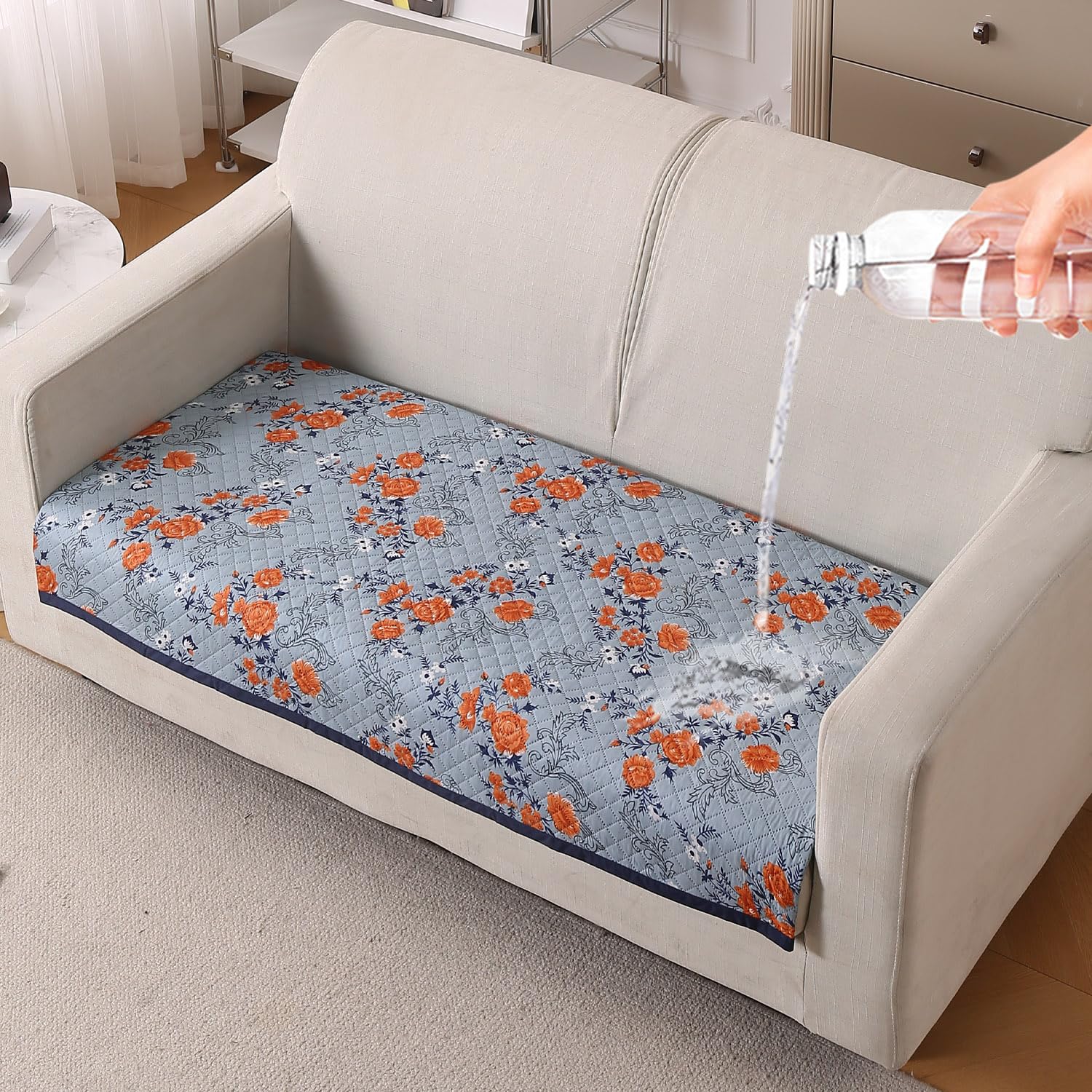 Beige Peony Sofa Cover - L Shape 5 Seater -8