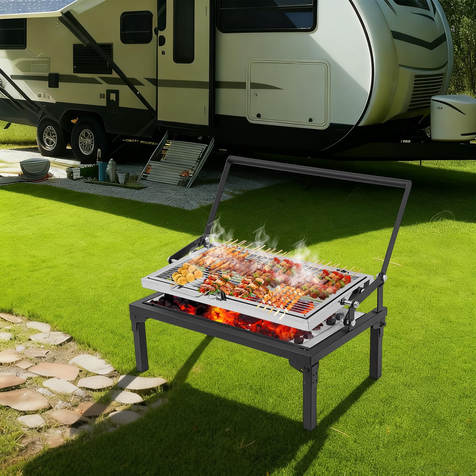 Barbecue pieghevole a carbonella, portatile a 360 gradi, barbecue a carbonella con griglia girevole per cucinare all'aperto, barbecue, picnic, feste (68 x 38 x 35 cm)