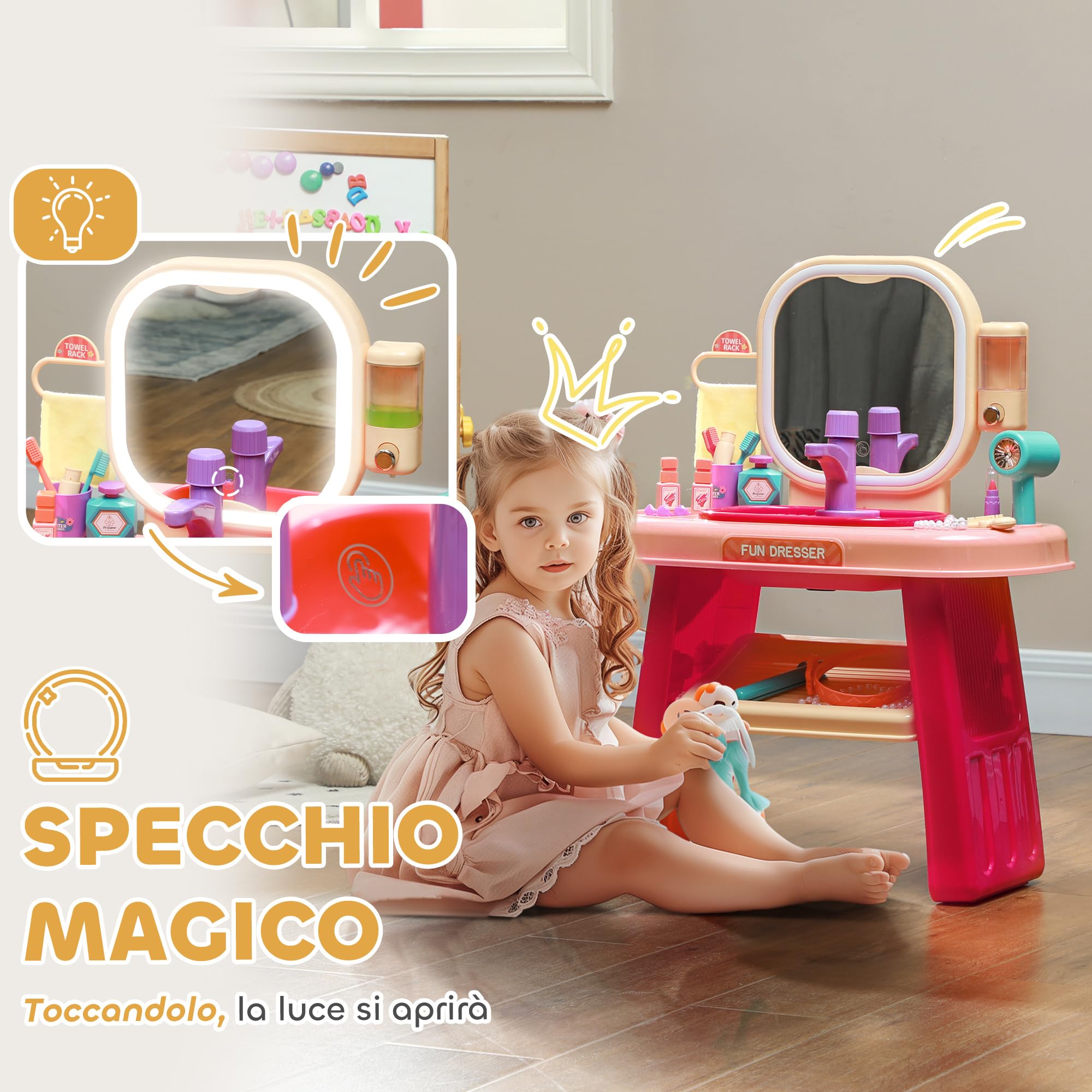 AIYAPLAY Tavolo Toeletta per Bambine 3-6 Anni con Specchio in Acrilico e Rubinetto, Gioco per Bambini in Plastica, 55x29x71 cm, Rosa