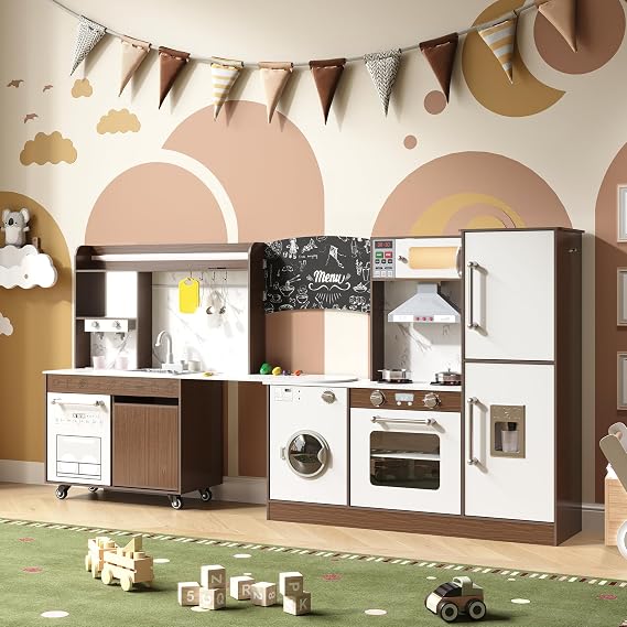 BVIUNTWO Large Play Kitchen Toy Set,Corner Rotatable Kids Kitchen Playset with Real Lights & Sounds,Toy Sink with Running Water,Interactive Role-Play Toy for Multiple Children,Ages 3+,Walnut and White