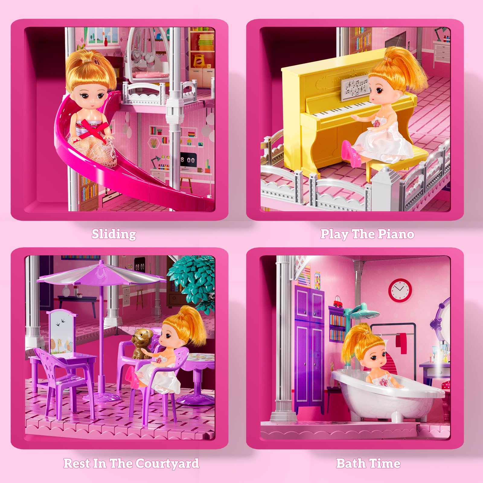 Villa Playset for Girls Ages 3-7, 4-Story 12 Room House with 2 Dolls, Furniture and Accessories, Indoor Playset Girls Toys for Ages 6-8, Pretend Toddler Toy, Birthday Gifts for Kids 4-8