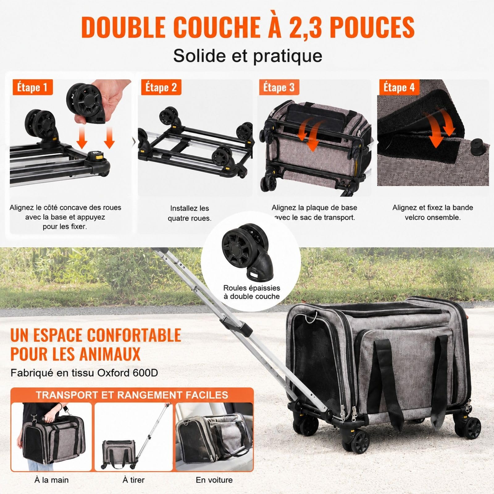 Sac de Transport à roulettes pour Chat et Chien 11,3 kg, Gris, poignée télescopique, bandoulière, gamelle Pliable, Fermeture éclair autobloquante, pour Voyage et Sortie