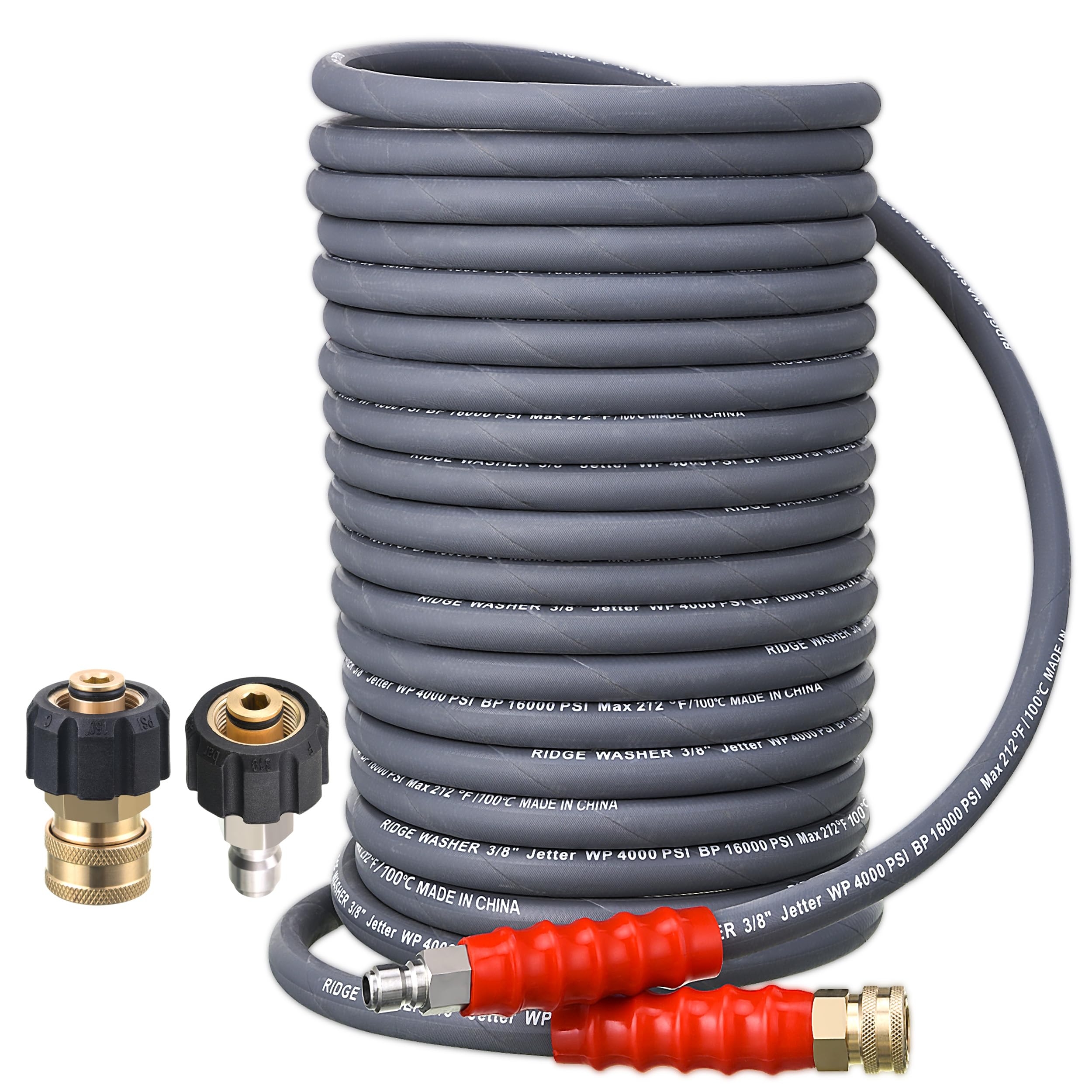 RIDGE WASHER Pressure Washer Hose 100 Feet X 3/8 Inch for Hot and Cold Water, Non Marking Gray Power Washer Hose, M22 14 mm to 3/8 Inch Quick Connect, 4000 PSI