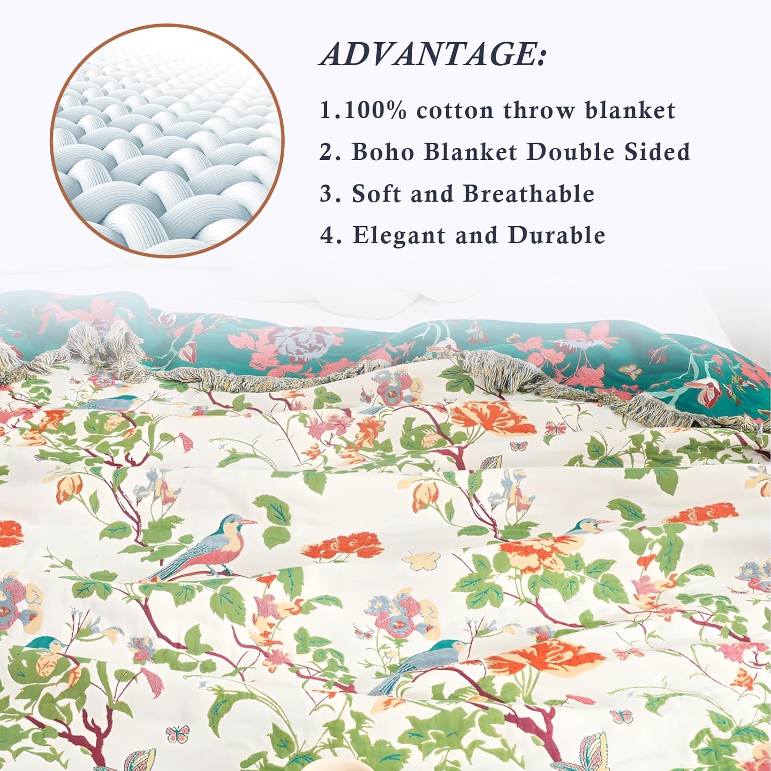 Boho Throw Blanket, 100% Cotton Soft Throw Rustic Quilt, 60"x80" Floral Printed Farmhouse Decor Bed Summer Blankets, All Season Rustic Reversible Bohemian Throw for Bed Peony Blue Bird - Image 5
