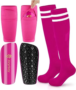 Hryrbay Kids Soccer Shin Guards with Sleeves and Socks Youth Shin Pads Set | High-Strength PP Shell, EVA Backing, Age 3-16, Protective Lightweight Soccer Equipment, Ideal for Playing Training