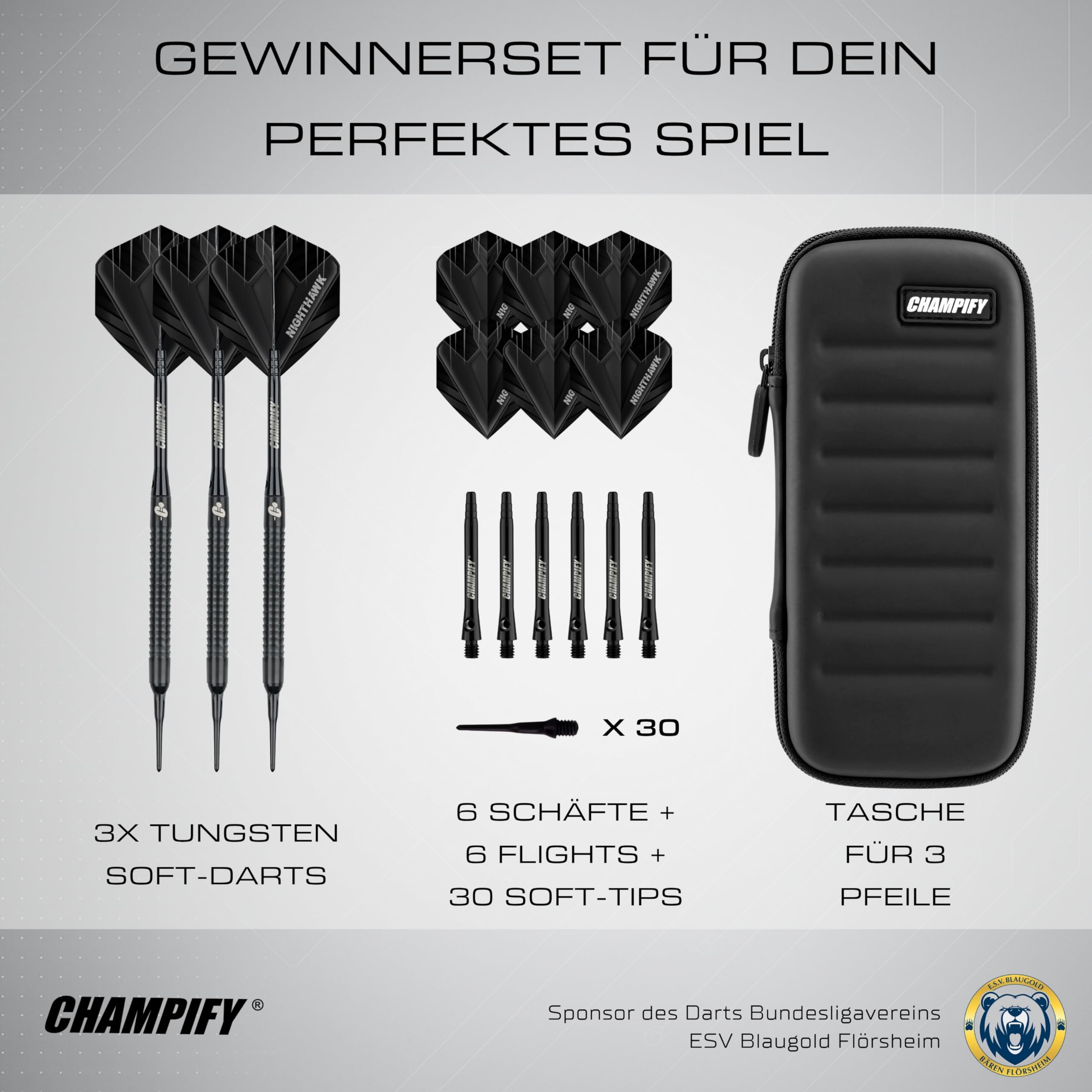 Champify® 18g Tungsten Soft-Darts Set “Nighthawk” mit Kunststoff-Spitze und schwarzer Darttasche | 3 Darts mit 9 Alu-Schäften & 9 Flights & 30 Softdart-Spitzen | Dartpfeile mit Plastik-Spitzen