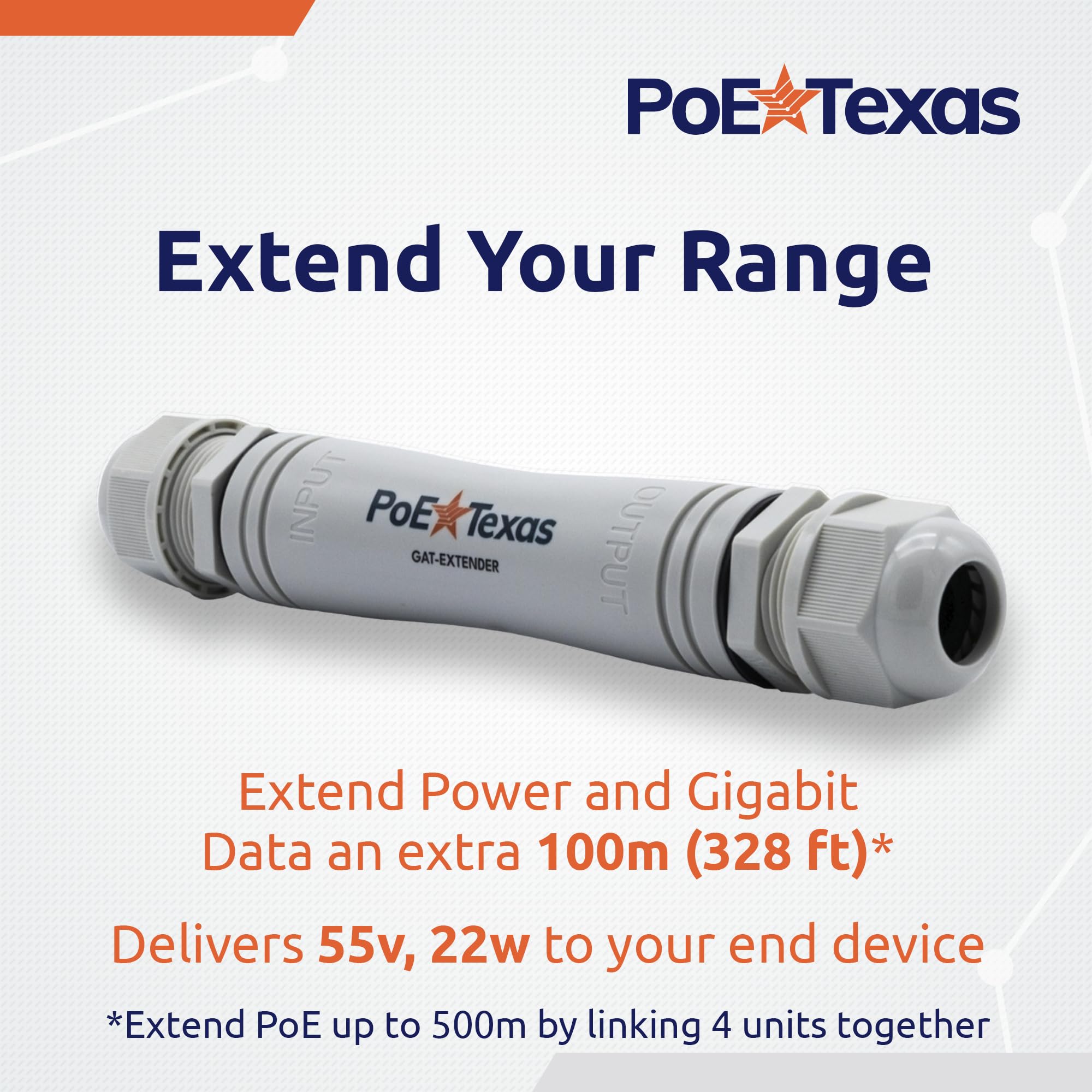 PoE Texas Répéteur PoE extérieur – Extension étanche IP67 Plug & Play Étend 22 watts de puissance et de données Gigabit jusqu'à 100 m aux appareils haute puissance – Compatible avec commutateur ou