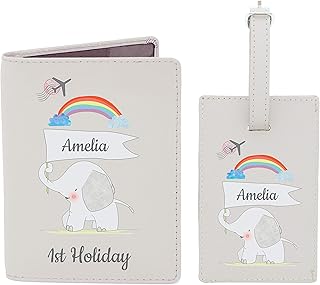 CalEli Gifts Personalised First Passport Holder and Luggage Tag Set. Leather Set. Baby Keepsake