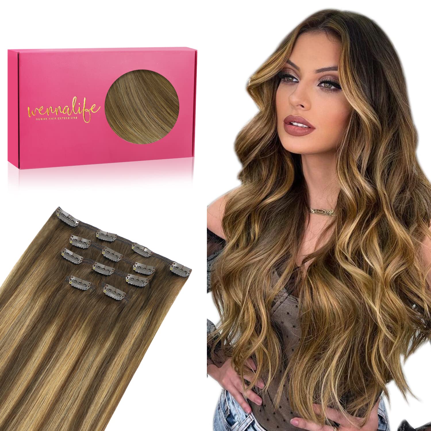 WENNALIFE Clip In Extensions Echthaar, Clip In Extensions Hair Extensions Clip In Remy Natürliche Echthaar Extensions Clip Haarverlängerung Echthaar