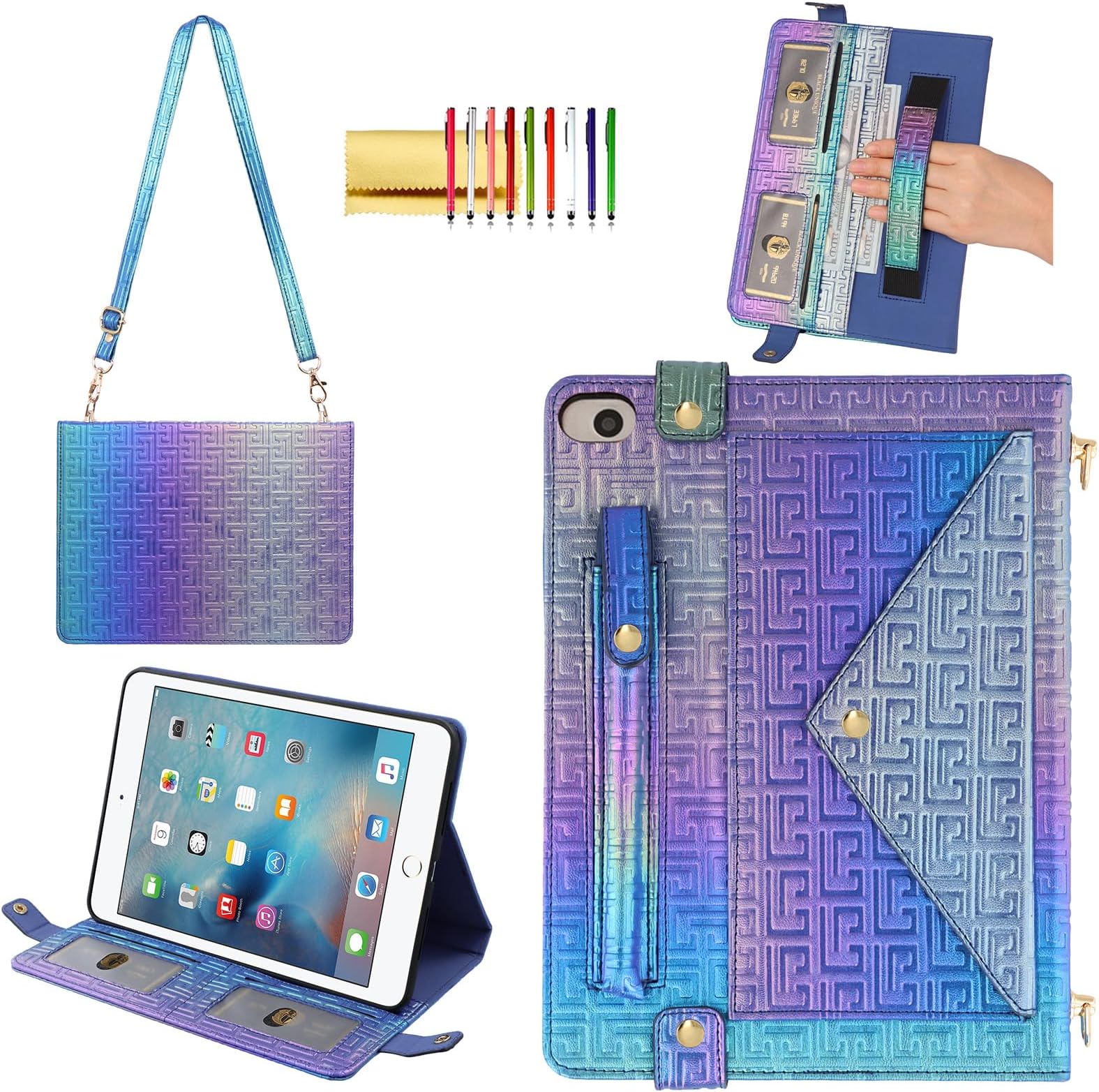 Shiny Case for iPad Mini 5/4/3/2/1, Mini 7.9" Handbag Case, Iridescent PU Leather Folio Envelope Pocket Stand Cover with Hand Strap+Shoulder Strap+Pencil Holder+Card Slots, Shiny Indigo
