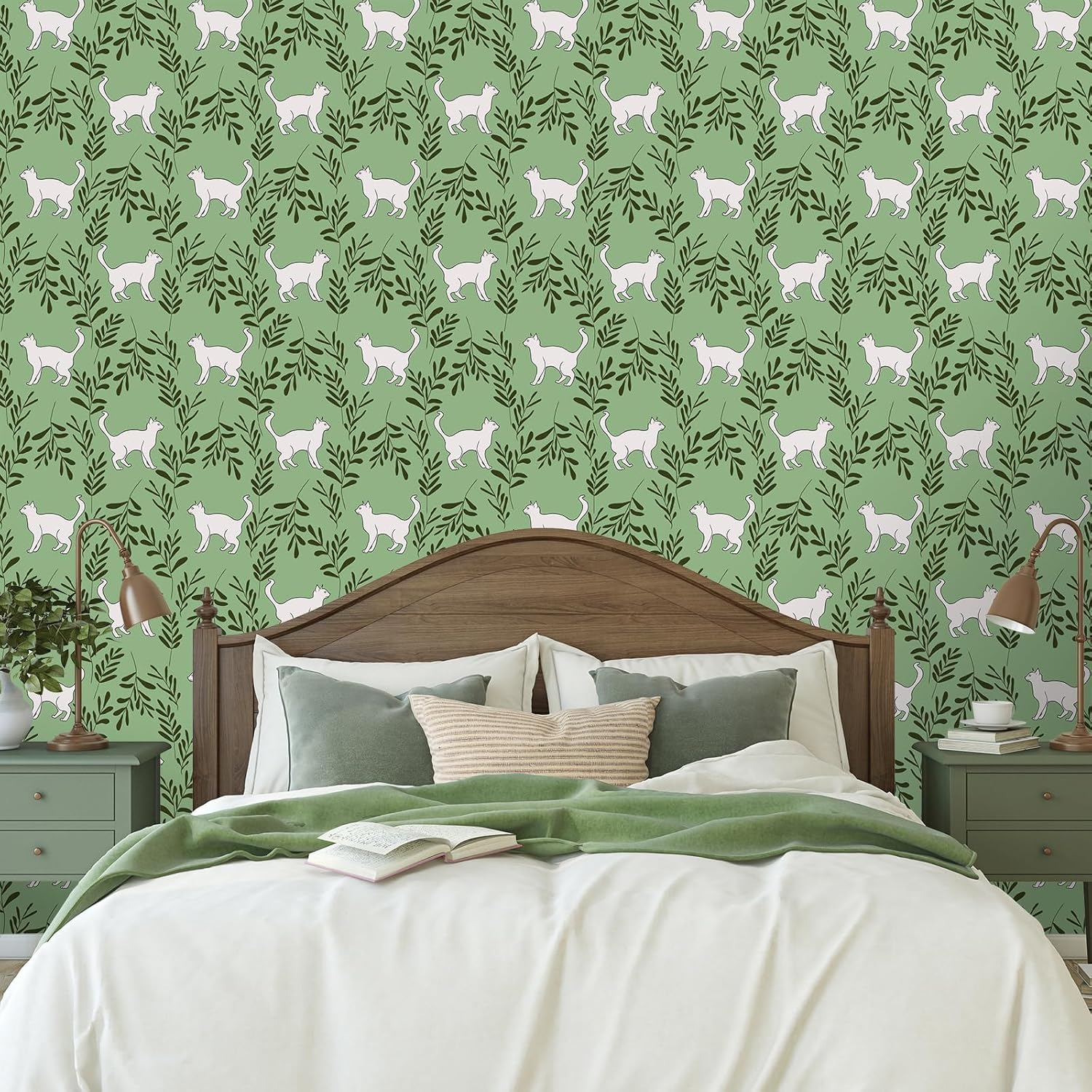 VaryStyle Green Cat Wallpaper Sage Green Cats Fern Leaf Floral Peel and Stick Wallpaper for Nursery Bedroom Removable Self Adhesive Animal Print Contact Paper for Walls Cabinets Drawers 17.7"x118"