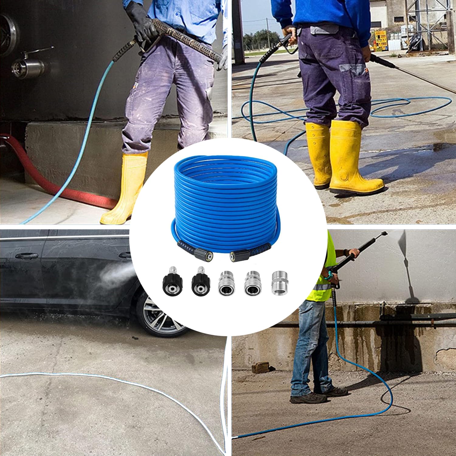 1/4'' M22 3600PSI Tubo Alta Pressione per Pulitrice ad Alta Pressione con 5 Raccordi Rapidi - 15M Tubo per Lavaggio Auto, Giardino, Pavimenti, Blu