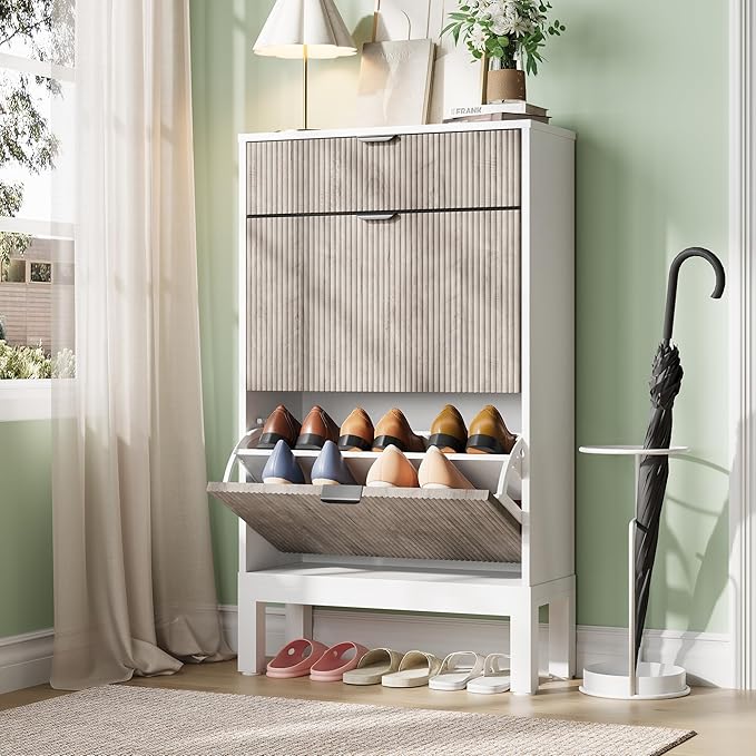 GAOMON Shoe Cabinet with 2 Flip Drawers, Entryway Cabinet with Adjustable Shelves, Accommodate 8 to 12 Pair of Shoes, Space-Saving Slim Shoe Cabinet for Entryway, Hallway, Front Door, White Grey