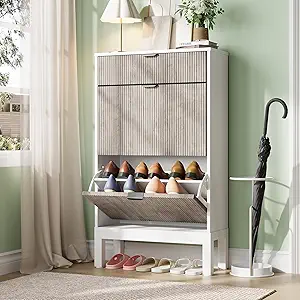 GarveeHome Shoe Storage Cabinet with 2 Flip Drawers, Farmhouse Fluted Shoe Organizer with Metal Legs, Freestanding Hidden Slim Narrow Shoe Rack for Entryway, Foyer, Hallway