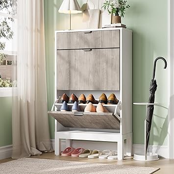 GAOMON Shoe Cabinet with 2 Flip Drawers, Entryway Cabinet with Adjustable Shelves, Accommodate 8 to 12 Pair of Shoes, Space-Saving Slim Shoe Cabinet for Entryway, Hallway, Front Door, White Grey