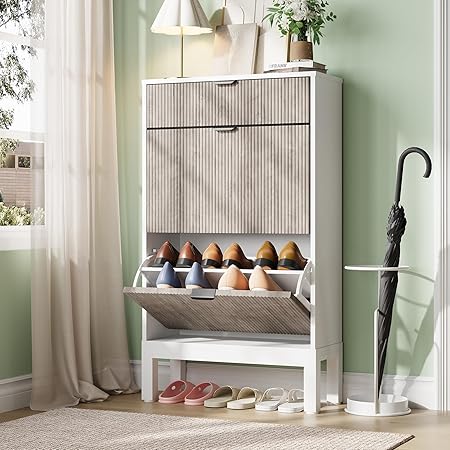GAOMON Shoe Cabinet with 2 Flip Drawers, Entryway Cabinet with Adjustable Shelves, Accommodate 8 to 12 Pair of Shoes, Space-Saving Slim Shoe Cabinet for Entryway, Hallway, Front Door, White Grey