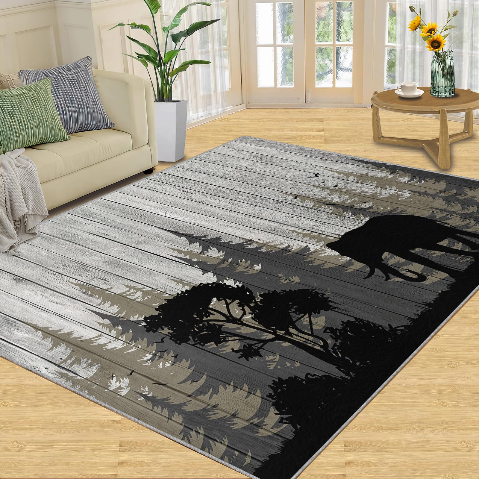 QDJKBL Area Rug 120 X 180 Cm Elephant Animal Pine Forest, Vintage Wood Board Print Natural Scenery Bedroom Decor, 3D Carpet Light Texture for Family and Pet Home Decor
