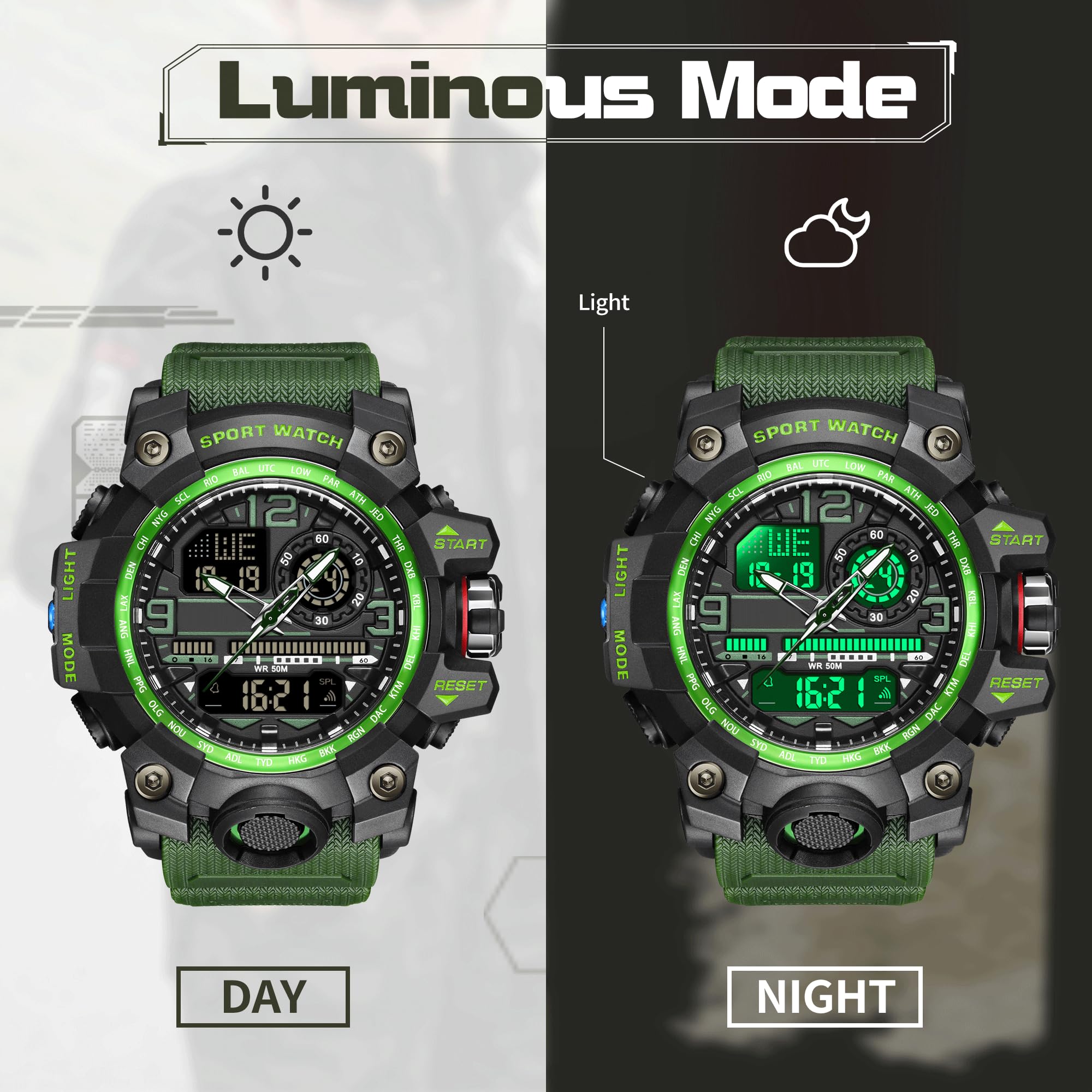 Reloj de pulsera digital para hombre, analógico, digital, deportivo, militar, para hombre, niño, exterior, impermeable, con despertador, luz LED, fecha, semana, 12/24 h, multifunción, táctico