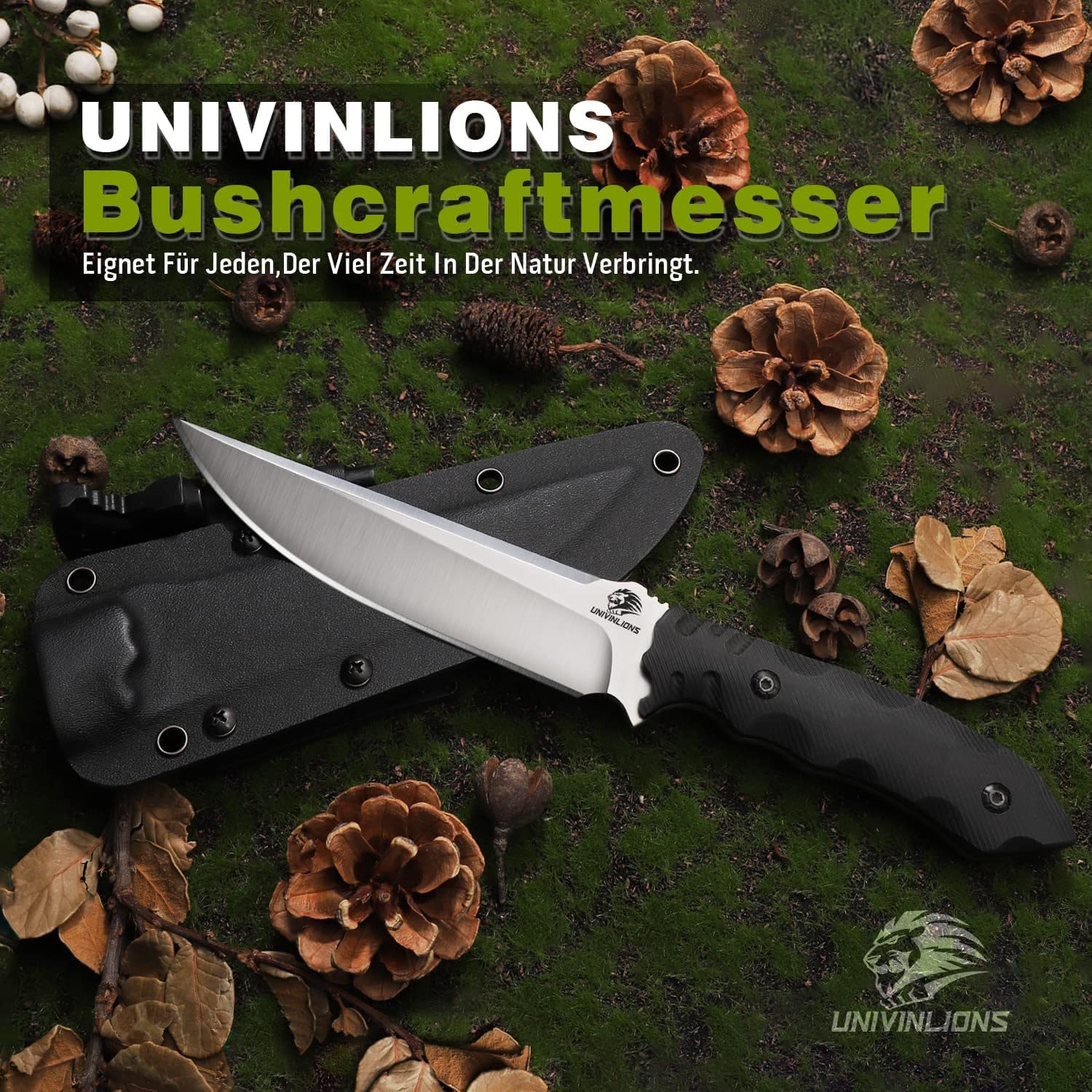 Survival Messer Outdoor-Jagdmesser mit Feststehender Klinge,Bushcraft Messer mit Scheide und Feuerstahl D2 Stahl, Full Tang K10 Griff Outdoor Messer zum Wandern Bushcraft BBQ