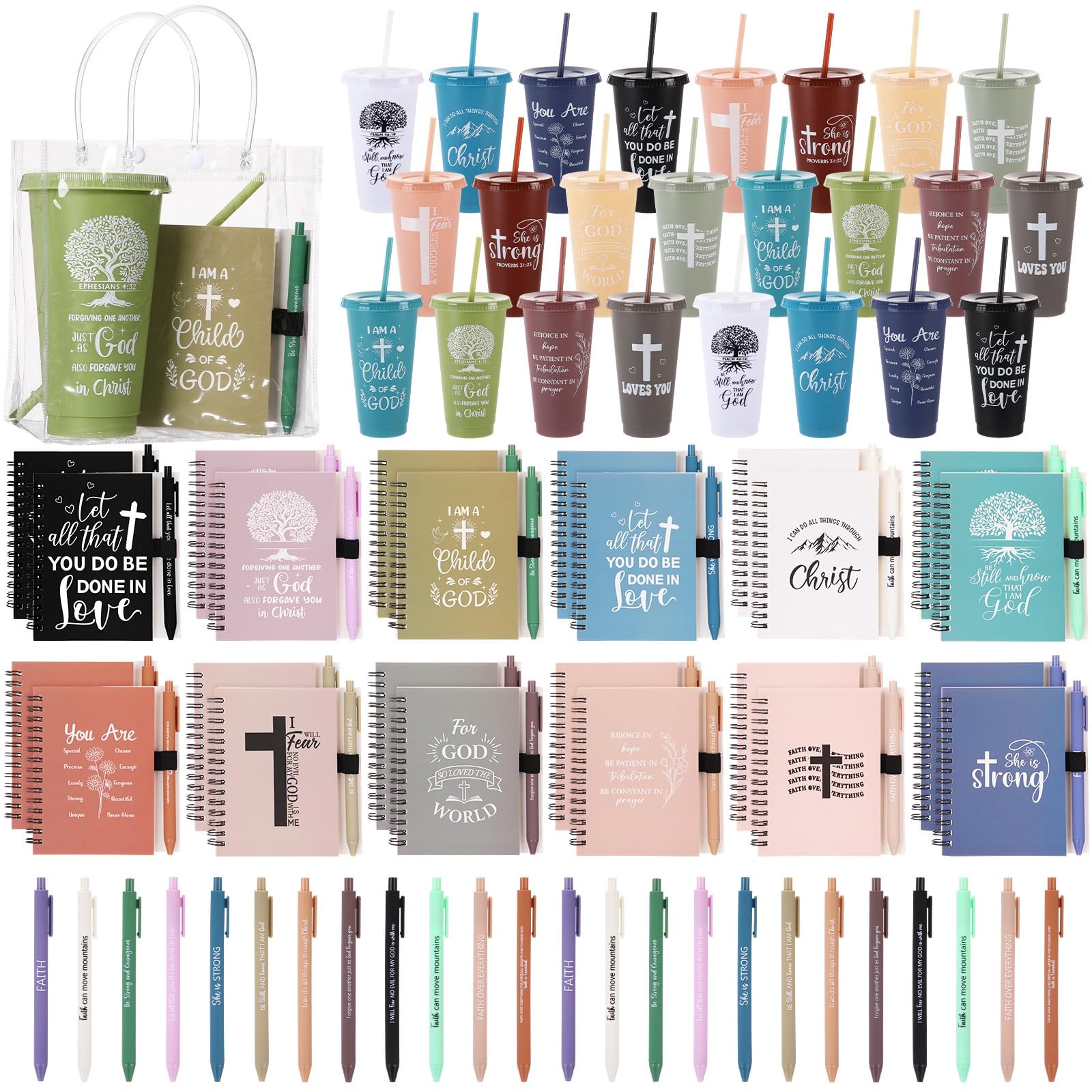 AmazingSpark 24 Sets Church Gifts Bulk for Women Mother Bible Verses Cups with Straws Cups Lids and Notebooks Pens Handbags for Church Bible Verse Valentines Inspirational Gifts