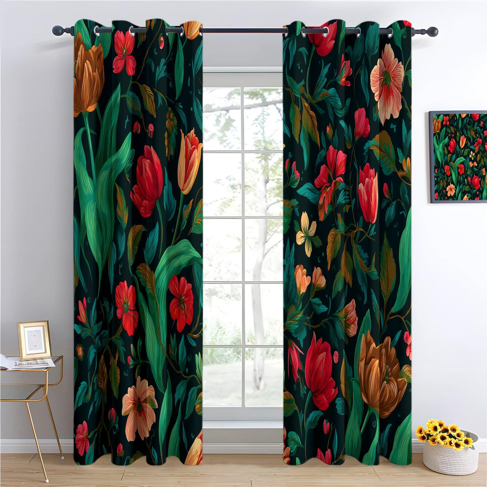 Generisch Verdunklungsvorhänge Blumen Blätter Kinderzimmer Vorhänge Blickdicht, Dunkelgrün Thermovorhang mit Ösen, für Schlafzimmer Fenster & Balkon Natur Dekoration - 110 x 215 cm (2er Set)