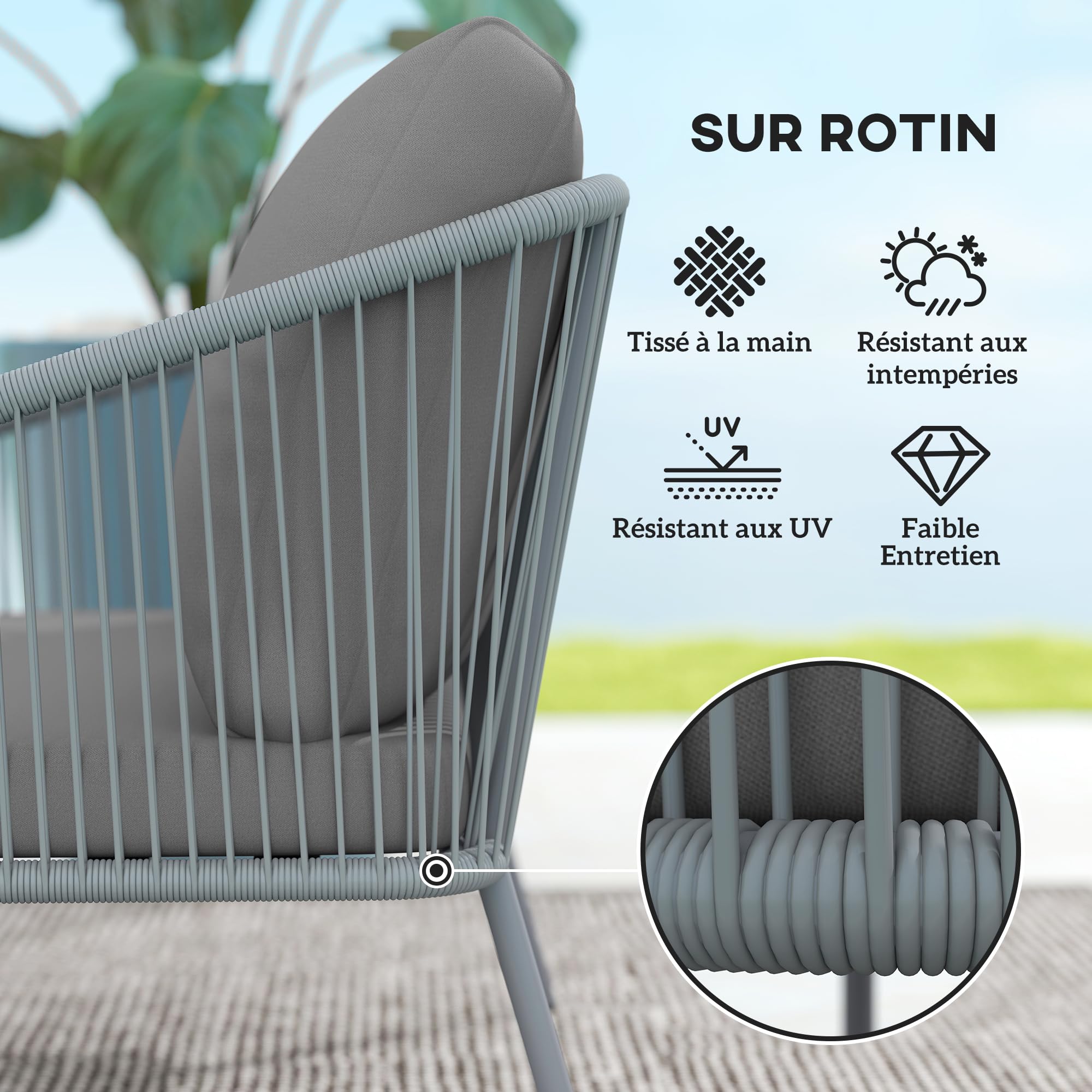 Outsunny Sofá Jardín con Cojines 2 Plazas Exterior 112x72x76 cm Gris | Sofá de ratán para balcón, muebles de patio de polirratán