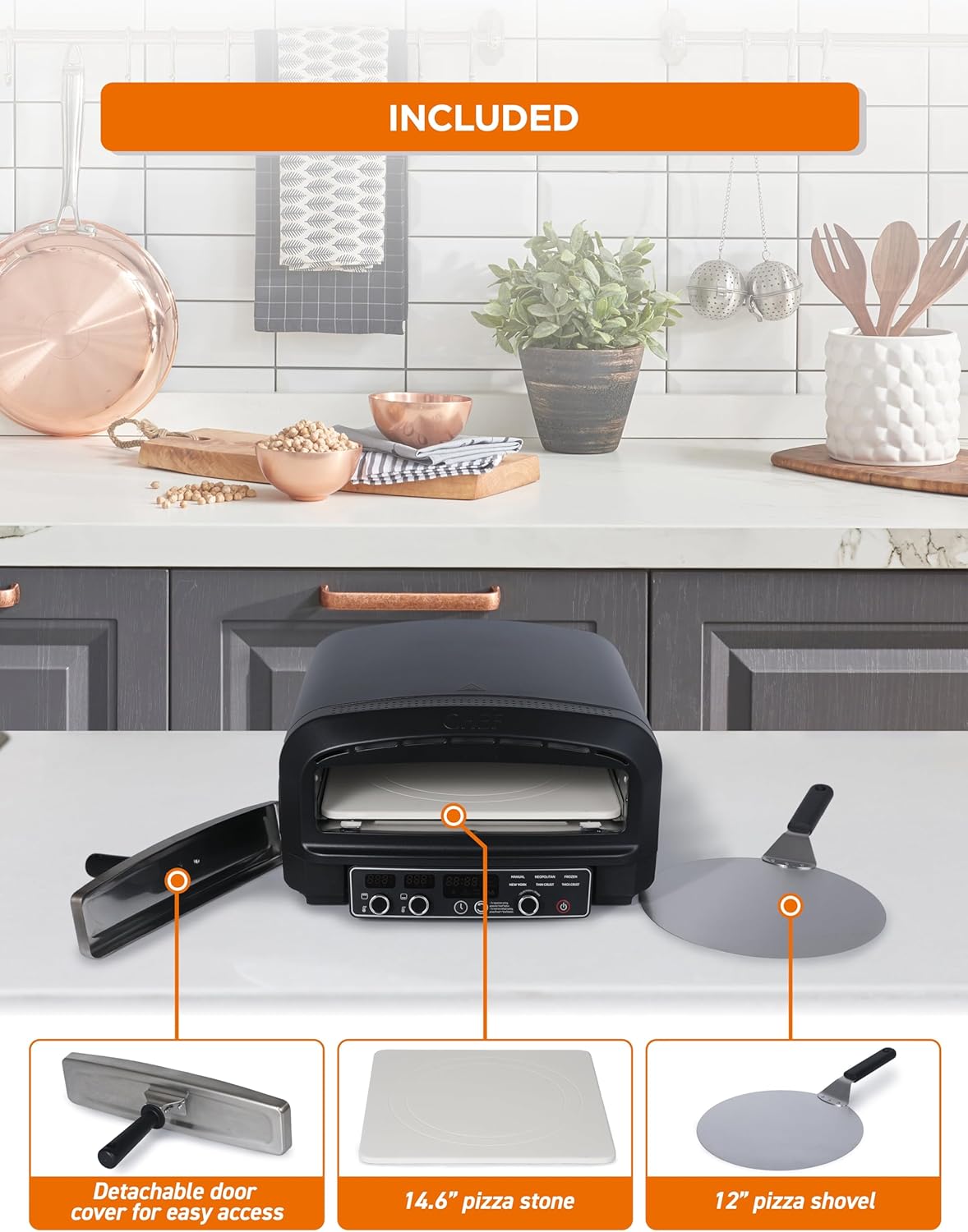 Included accessories for Commercial CHEF Pizza Oven: pizza stone, pizza shovel, and detachable door cover.