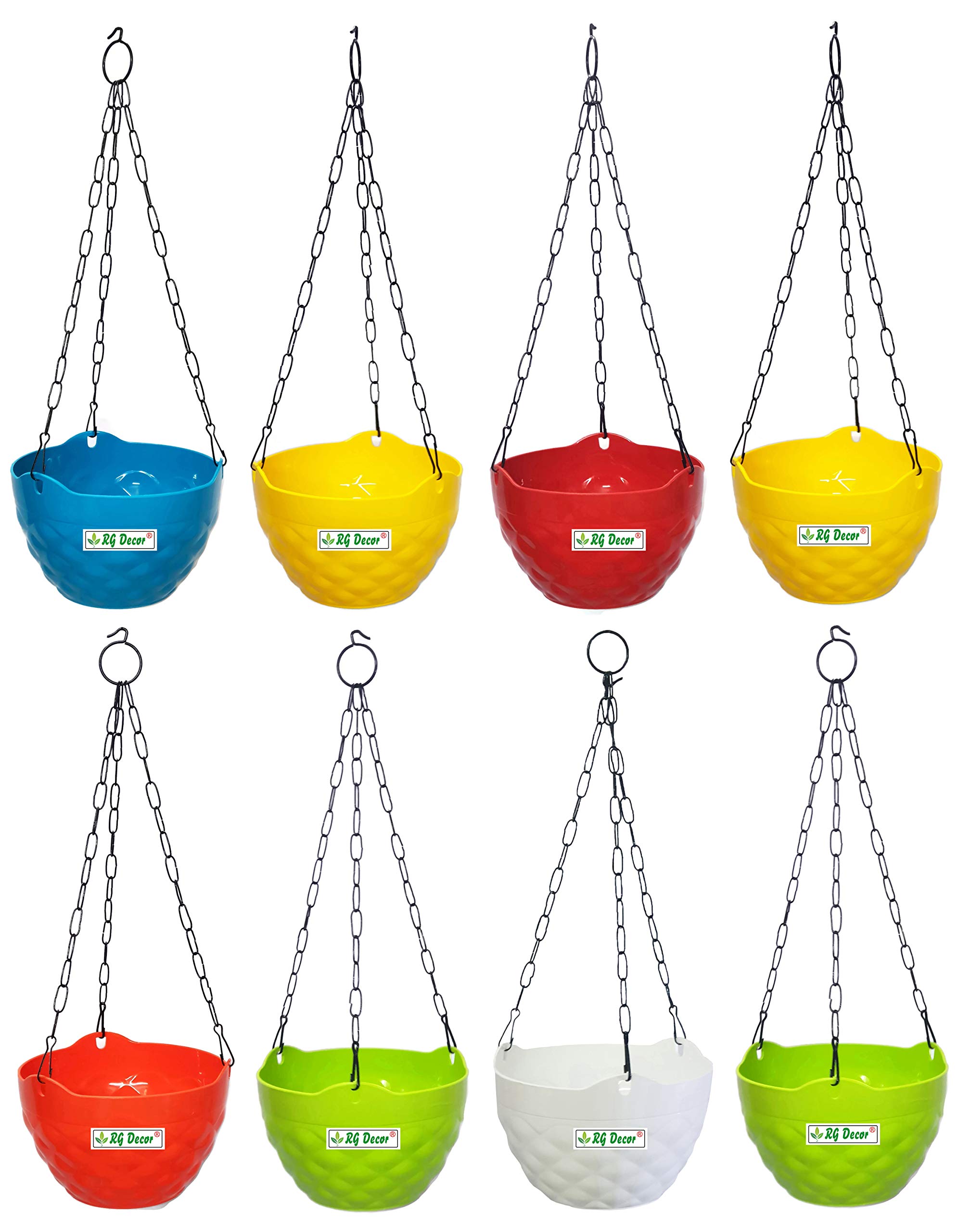 RGDECOR® 8 Pcs. Decoractive & Durable Diamond Hanging Pots with Metal Chain - Plant Container Set - Planters - Plastic Pots for Gardening - Multicolour - Diameter 7.5 Inch