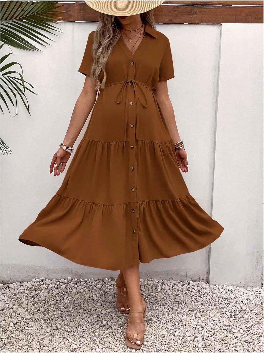 OYOANGLE Women's Maternity Dress Collared V Neck Short Sleeve Button Belted Ruffle A Line Midi Dresses - Image 5