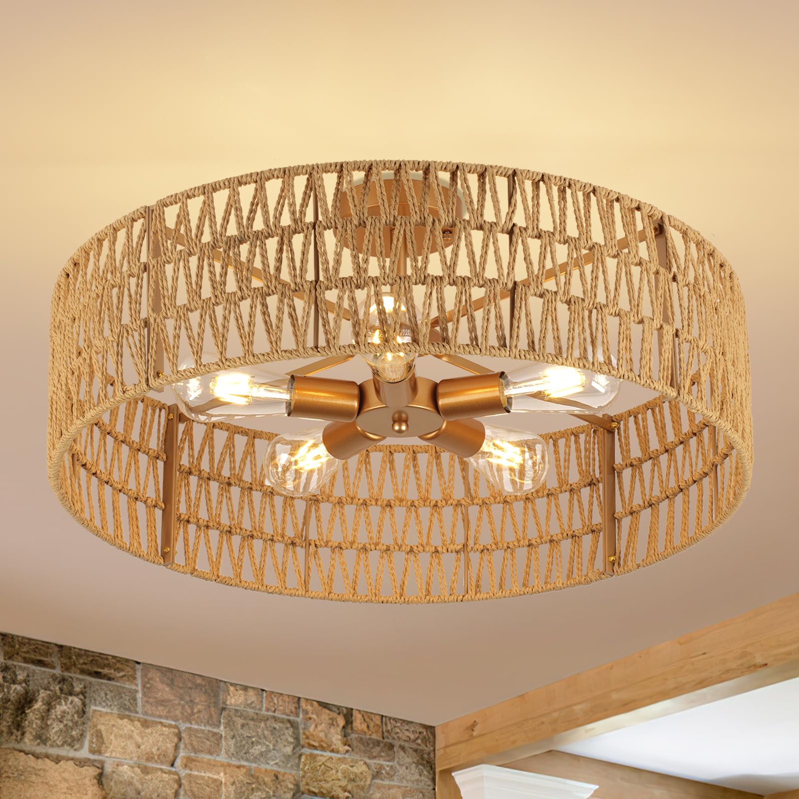 24 Boho Hand-Woven Rattan Wicker Ceiling Light Large Semi Flush Mount Chandelier Fixture Rustic Lighting for Living Room