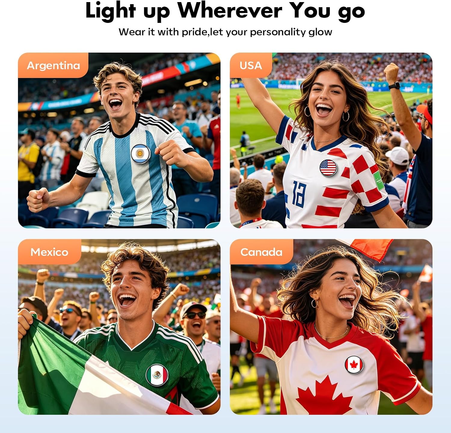 1.85" HD Smart Fan Badge, Bluetooth Digital Pin, 7 Color Electronic Badge with NFC & 600mAh , Wearable Light Up Accessories for World Cup Soccer Fans, Tailgate Parties, Stadium Live Sports Events