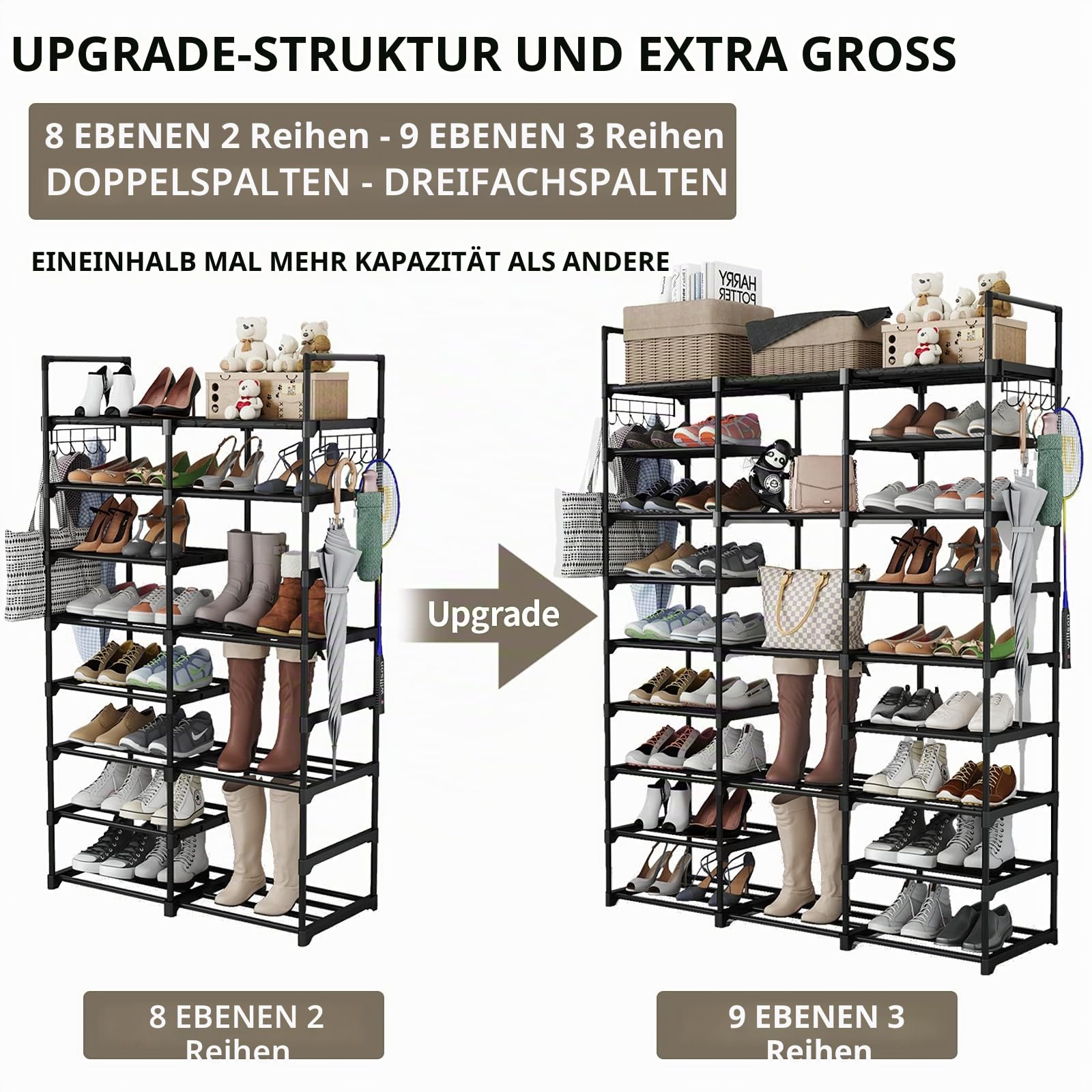 Schuhregal mit 9 Ebenen, DIY Schuhablagen 50-55 Paar Schuhe Aufbewahrung