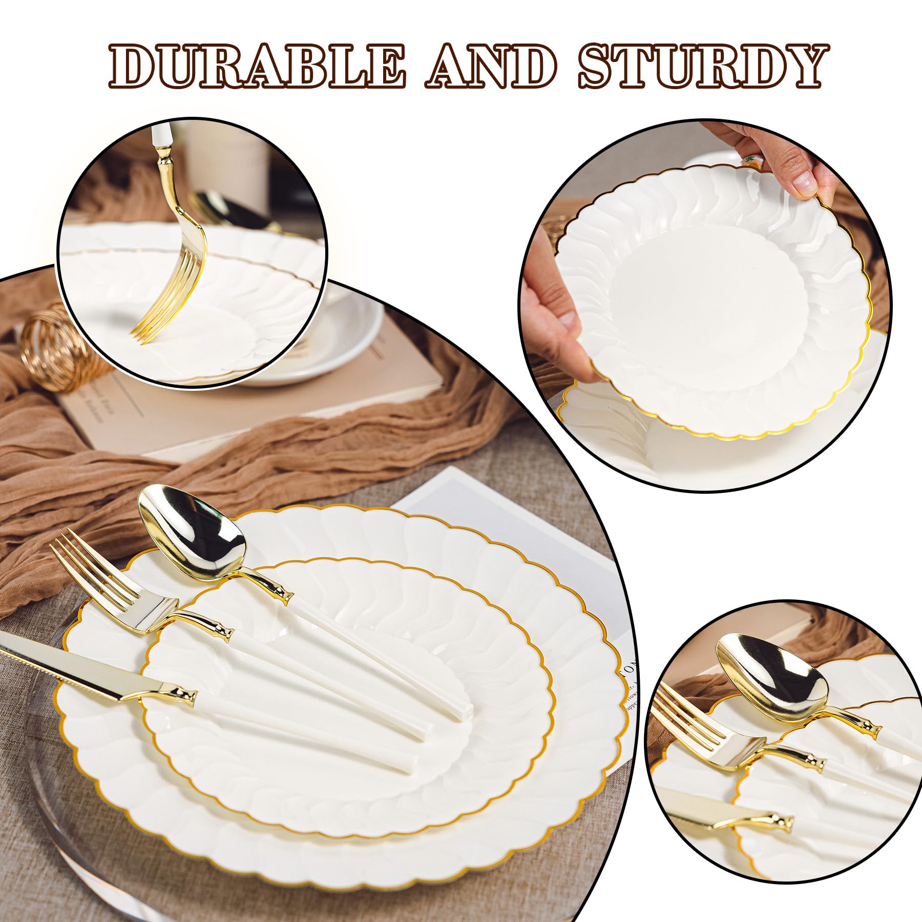 Ivory Scalloped Plates & Gold Disposable Silverware -7