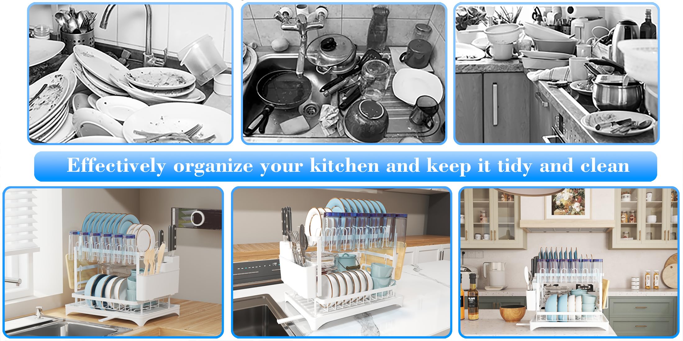 Escurridor para platos, soporte para utensilios de 2 niveles, resistente al óxido, con escurridor y soporte para utensilios para encimera de cocina, accesorios de cocina (blanco)