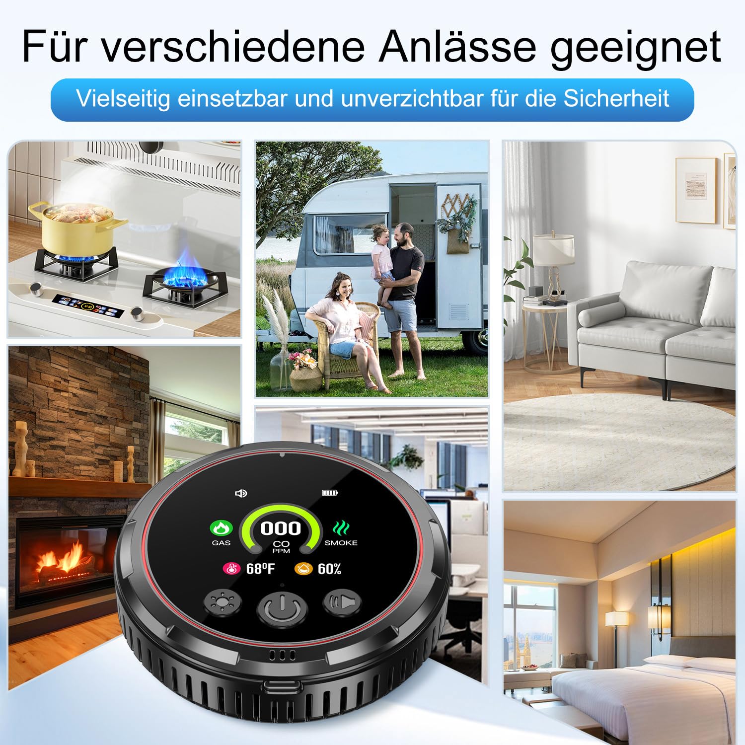 5in1 Rauchmelder CO-Melder Gasmelder und Temp Feuchtigkeits-Sensor für Haus | Plug in Rauch CO Gas Kohlenmonoxid-Detektor mit Batterie, HD-Bildschirm, Temp Feuchtigkeits-Sensor für Home Hotel RV HD13