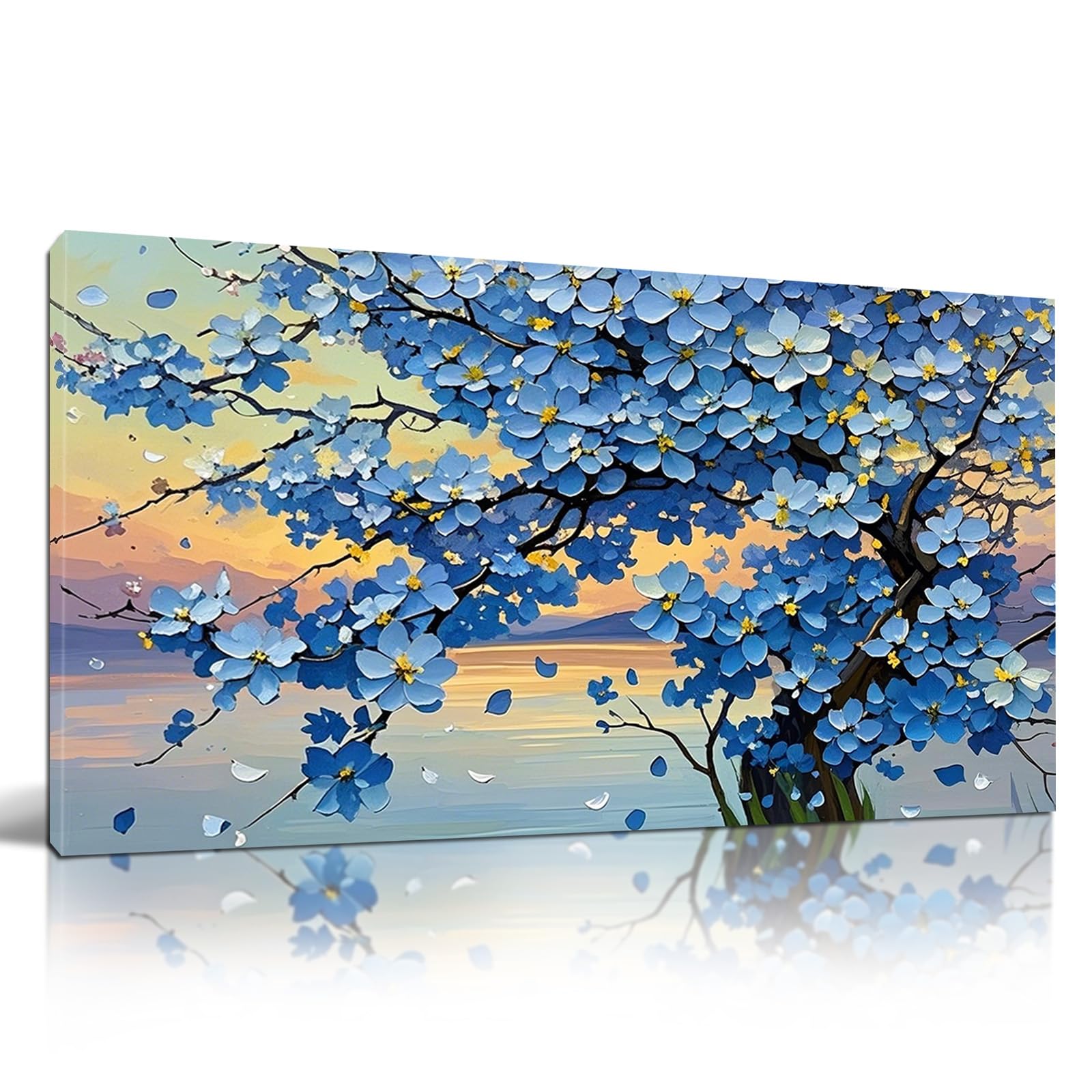 - MUSM Blue Wall Art Large Tree of Life Wall Art for Living Room Bedroom Office Modern Framed Canvas Prints Blue Flower 3D Textured Abstract Printing Artwork Picture Ready to Hang 30×60