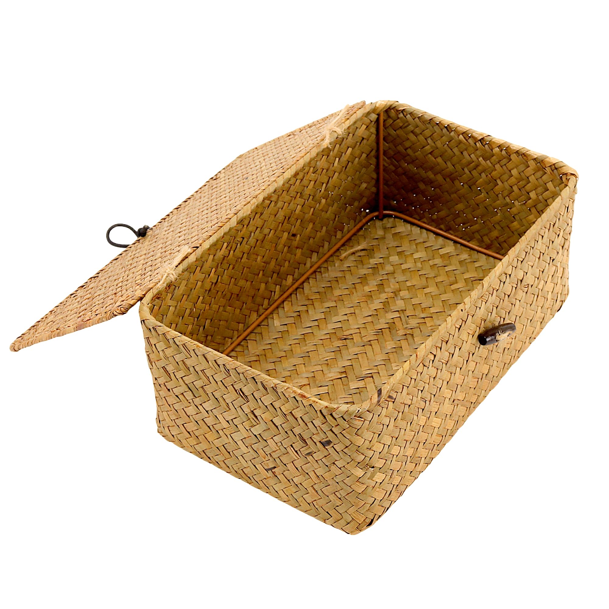 Set di 3 cestini per erba marina con coperchio, in vimini intrecciati naturali, rettangolari, in rattan con coperchio, per soggiorno, bagno, cucina, organizzazione