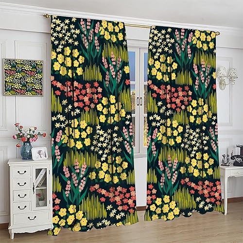 Miniatura 21 de Retro 70s Floral Blackout Window Curtains, Watercolor Flower Plant Rustic Modern Style Pattern Window Drapes, for Bedroom Living Room 42x45in 2