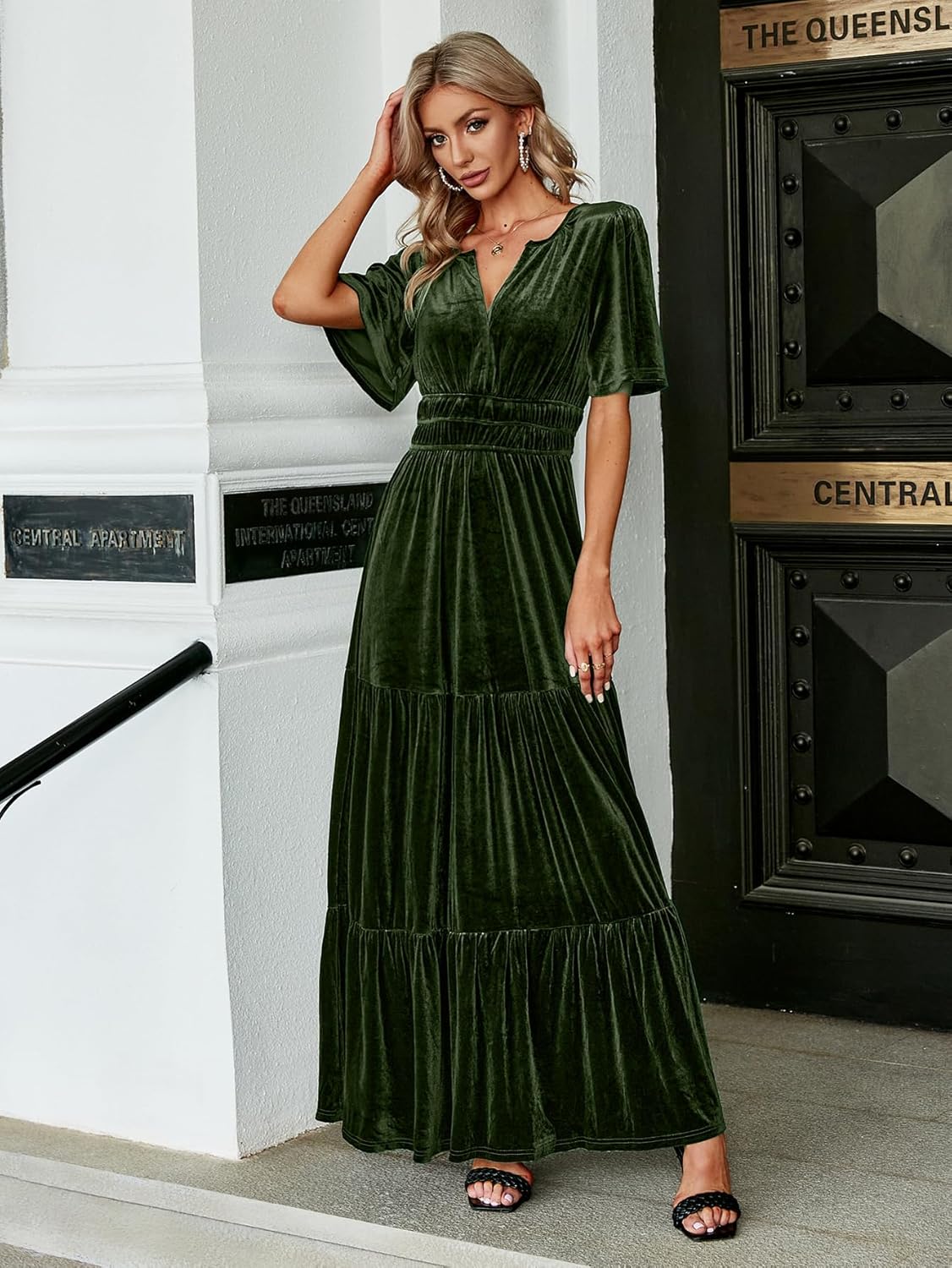 Amegoya Women's Velvet Short Sleeve V Neck Formal Wedding Guest Maxi Dresses Fall Evening Party Long Dresses - Image 6