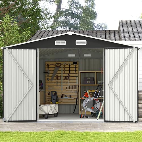 Vista 31 de Aoxun Cobertizo de almacenamiento al aire libre de 80 pies cúbicos impermeable para jardín, cobertizo de herramientas de metal, color marrón