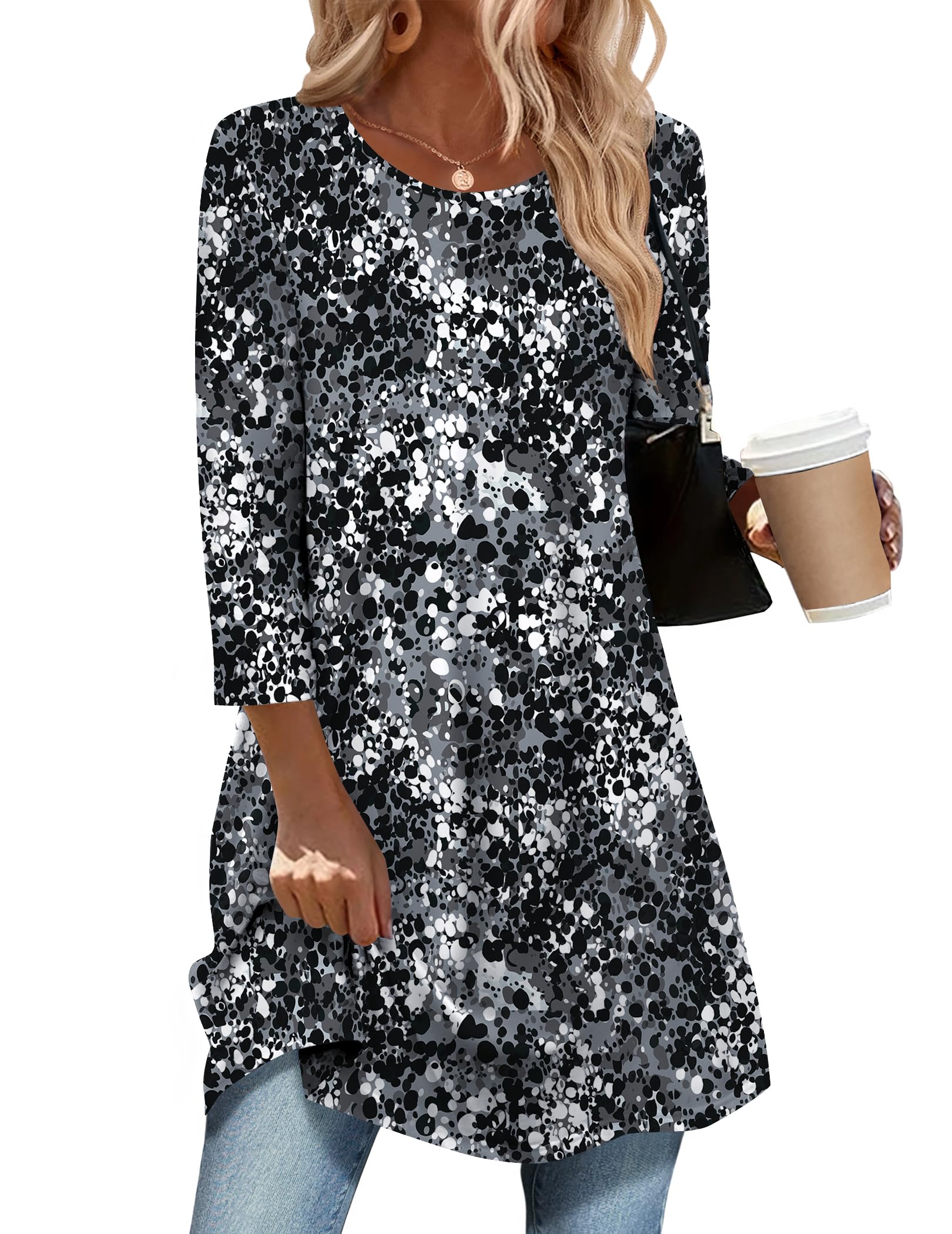 Zeagoo Tops for Womens 3/4 Length Sleeve Casual Loose Fit Crewneck T Shirts Cute Three Quarter Length Tunic Top Black White