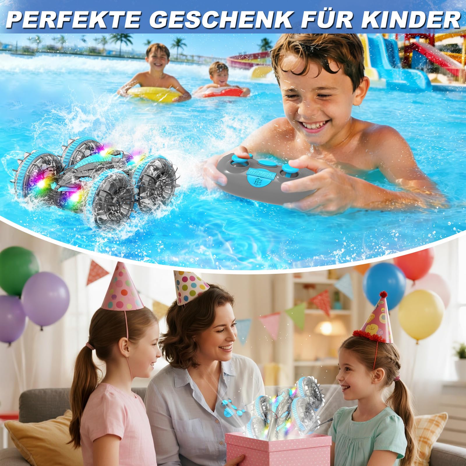 MidiVix Coche anfibio teledirigido, tiempo de juego de 90 minutos, 2,4 GHz, doble cara, giratorio 360°, con iluminación RGB, 4WD RC Auto Juguetes Regalos para niños 6-12 Gris Azul